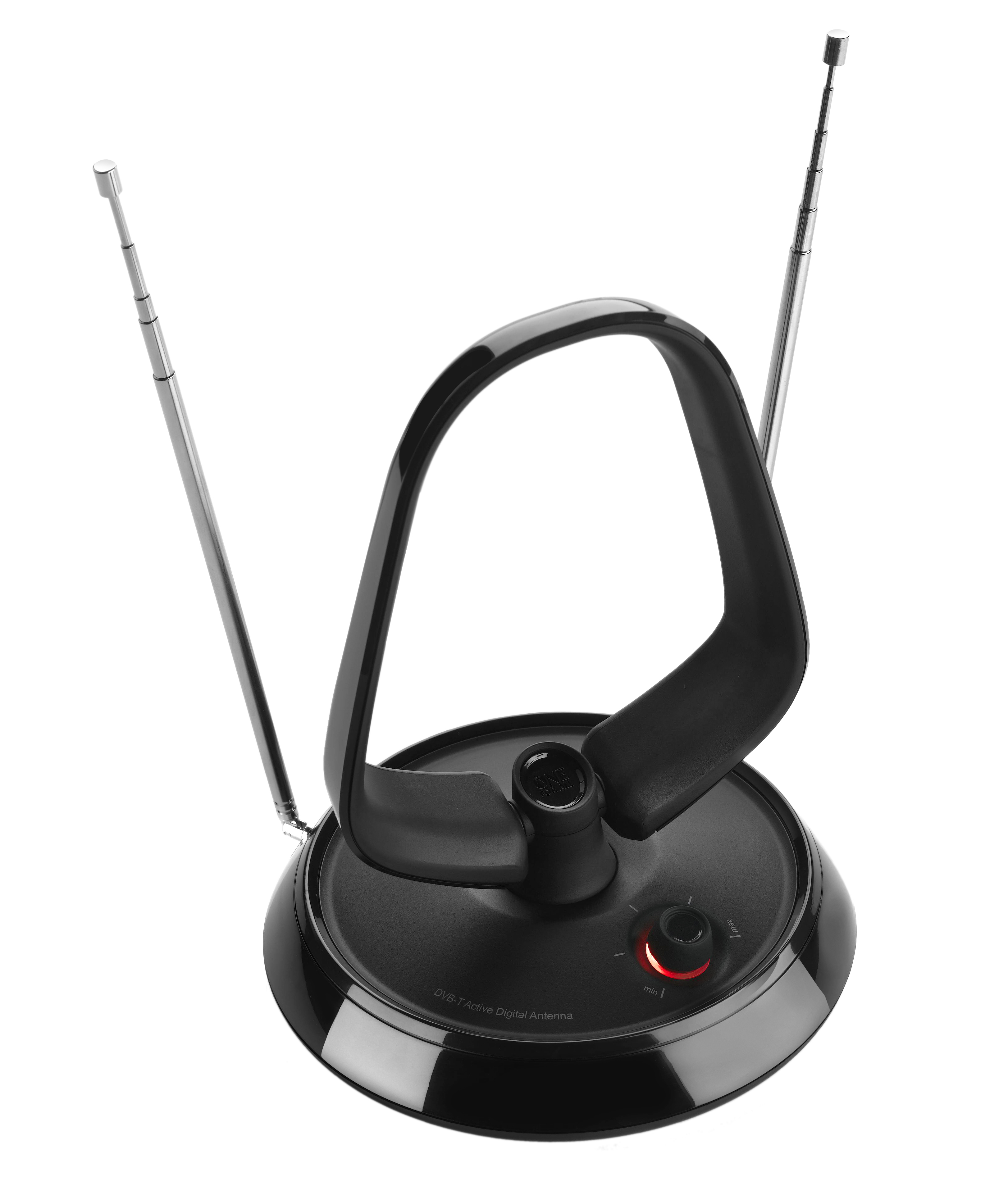 Schwarzer DVB-T Antennenfuß mit zwei ausfahrbaren Antennenstäben und roter Anzeige.