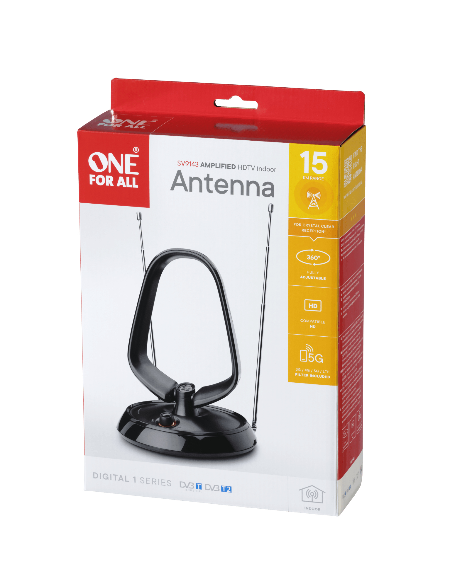 Verpackung einer schwarzen TV-Antenne mit Teleskopantennen und 15 km Reichweite.