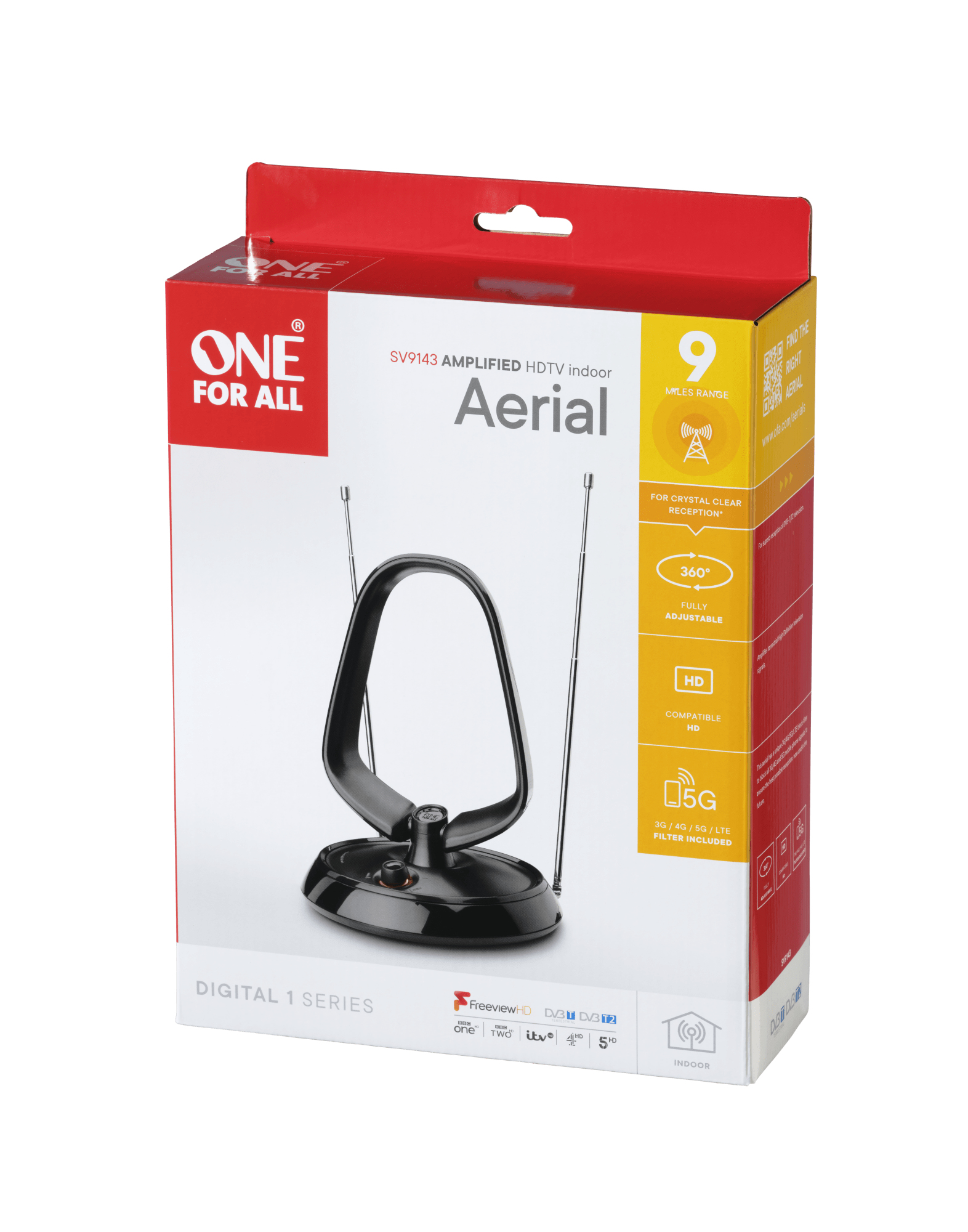 Verpackung eines schwarzen HDTV-Zimmersantenne von One For All mit Teleskopantennen.