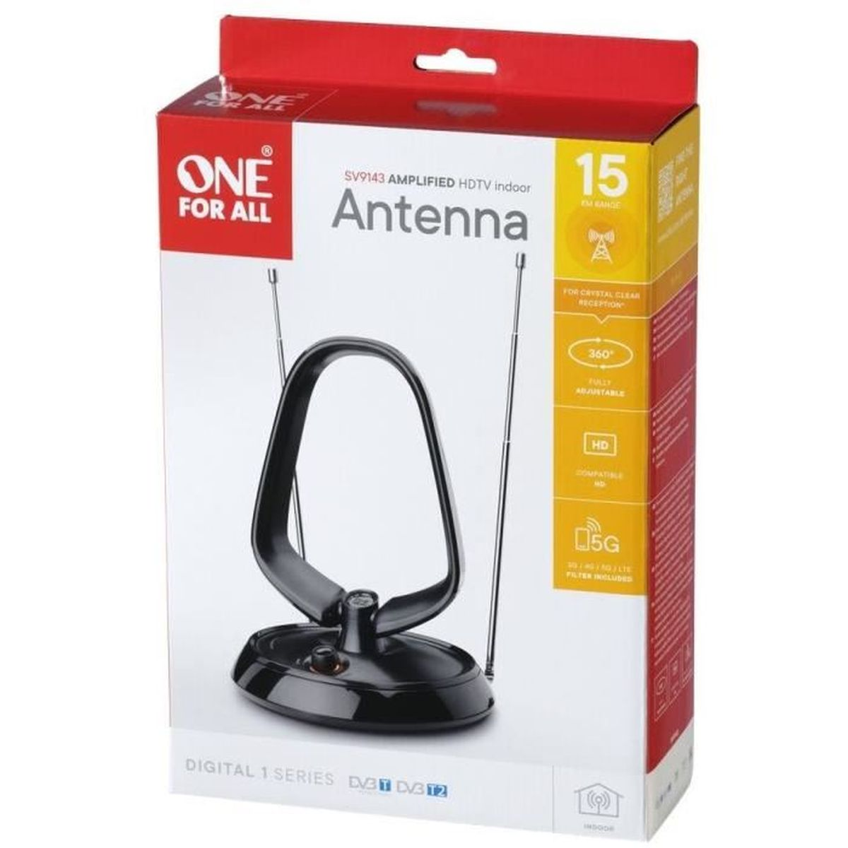 Verpackung einer schwarzen HDTV-Antenne mit der Marke ONE FOR ALL.