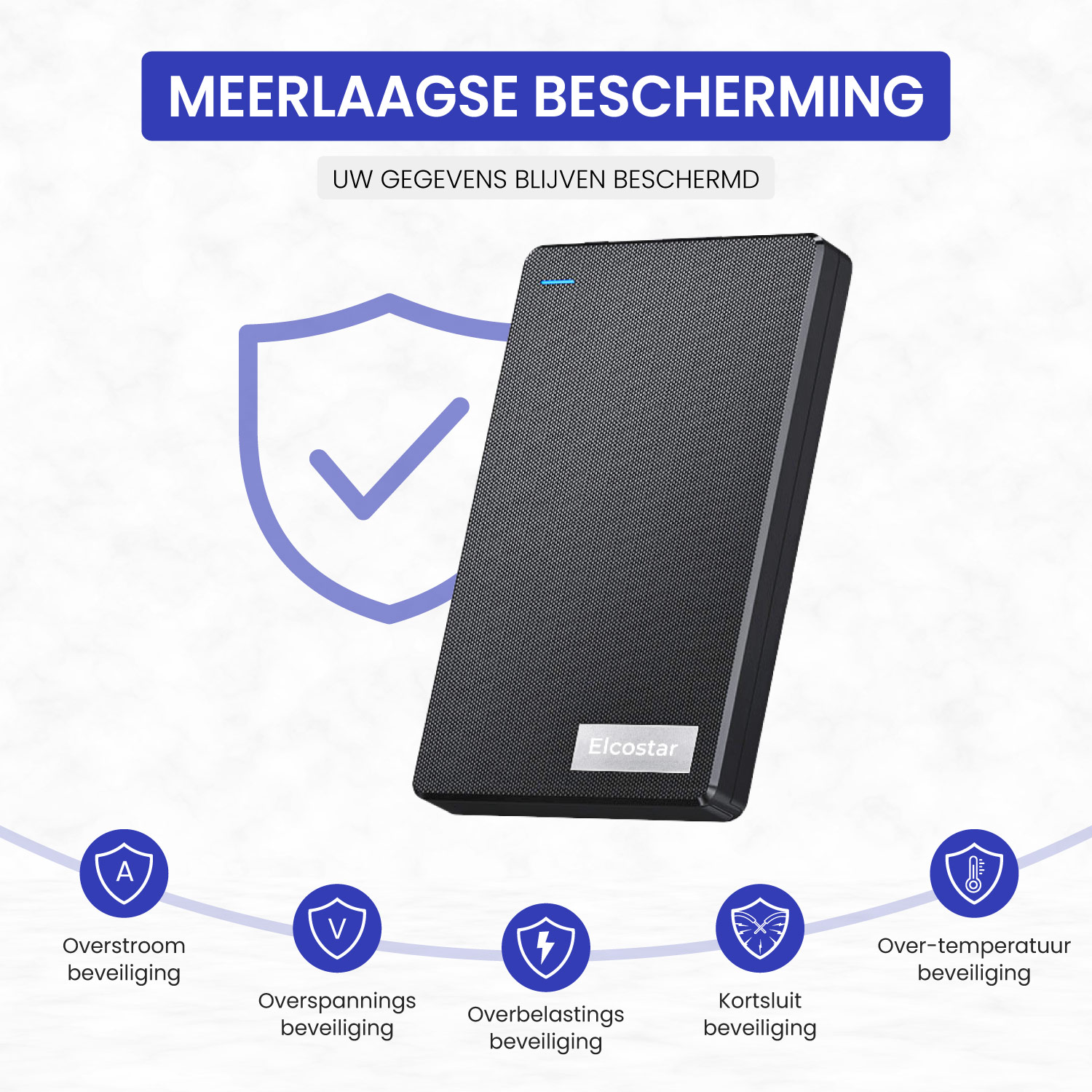 Een zwarte externe schijf met iconen voor overstroom-, overspannings-, overbelastings-, kortsluitings- en overtemperatuurbeveiliging.