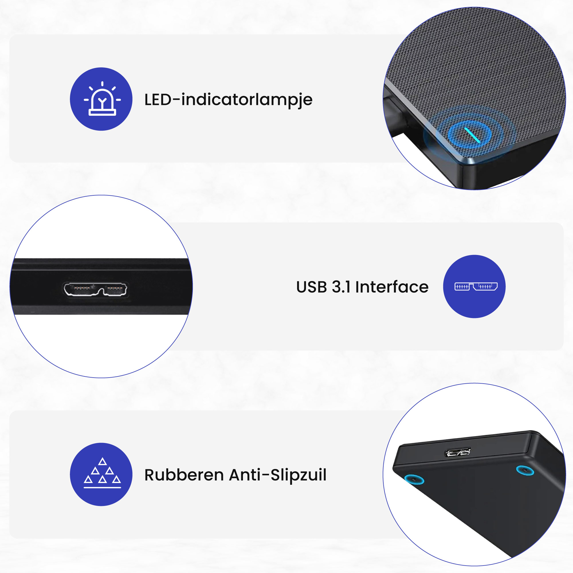 De afbeelding toont een zwarte behuizing met LED, USB 3.1 en anti-slipvoetjes.