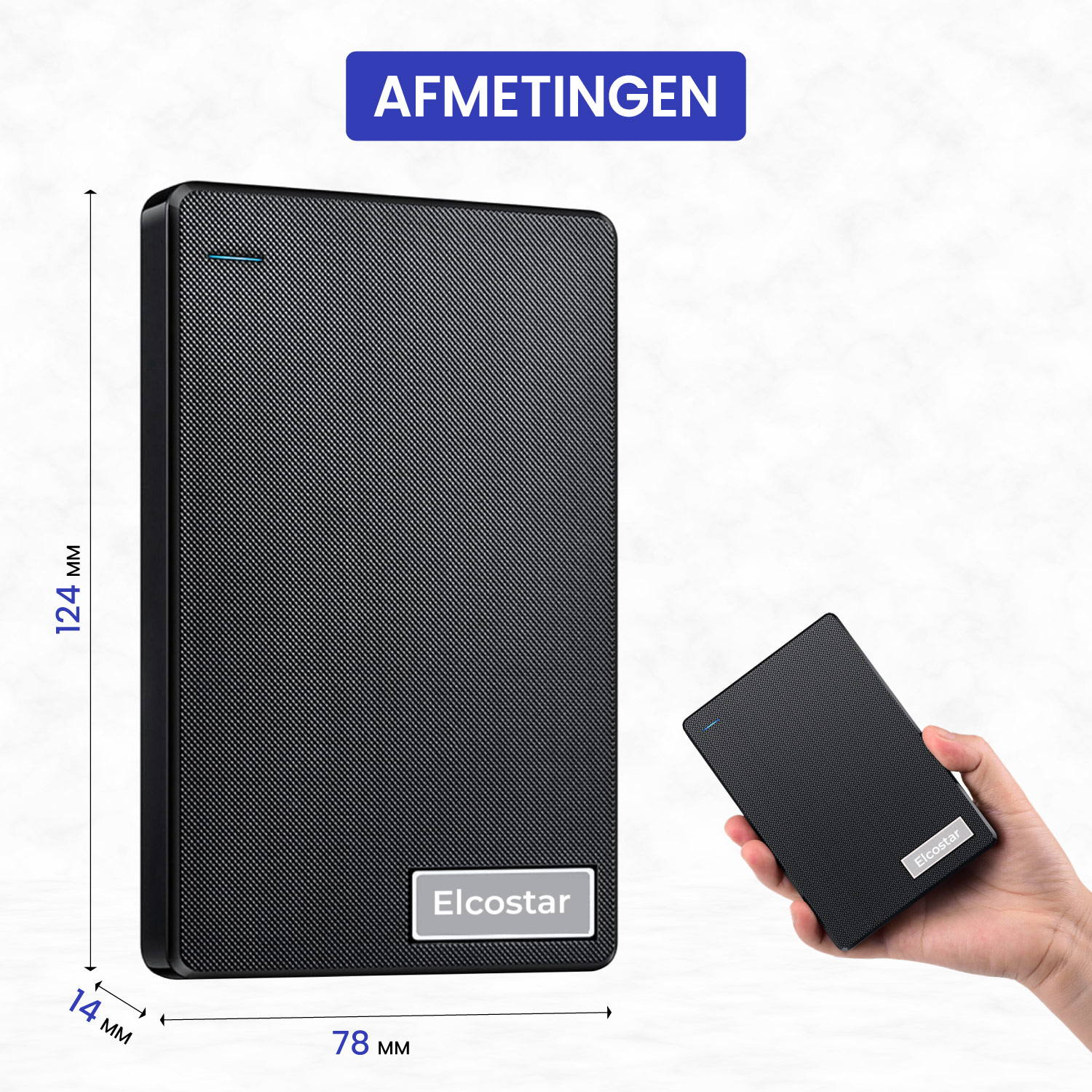 Zwarte externe harde schijf, afmetingen 124x78x14mm. Een hand houdt kleinere versie vast.