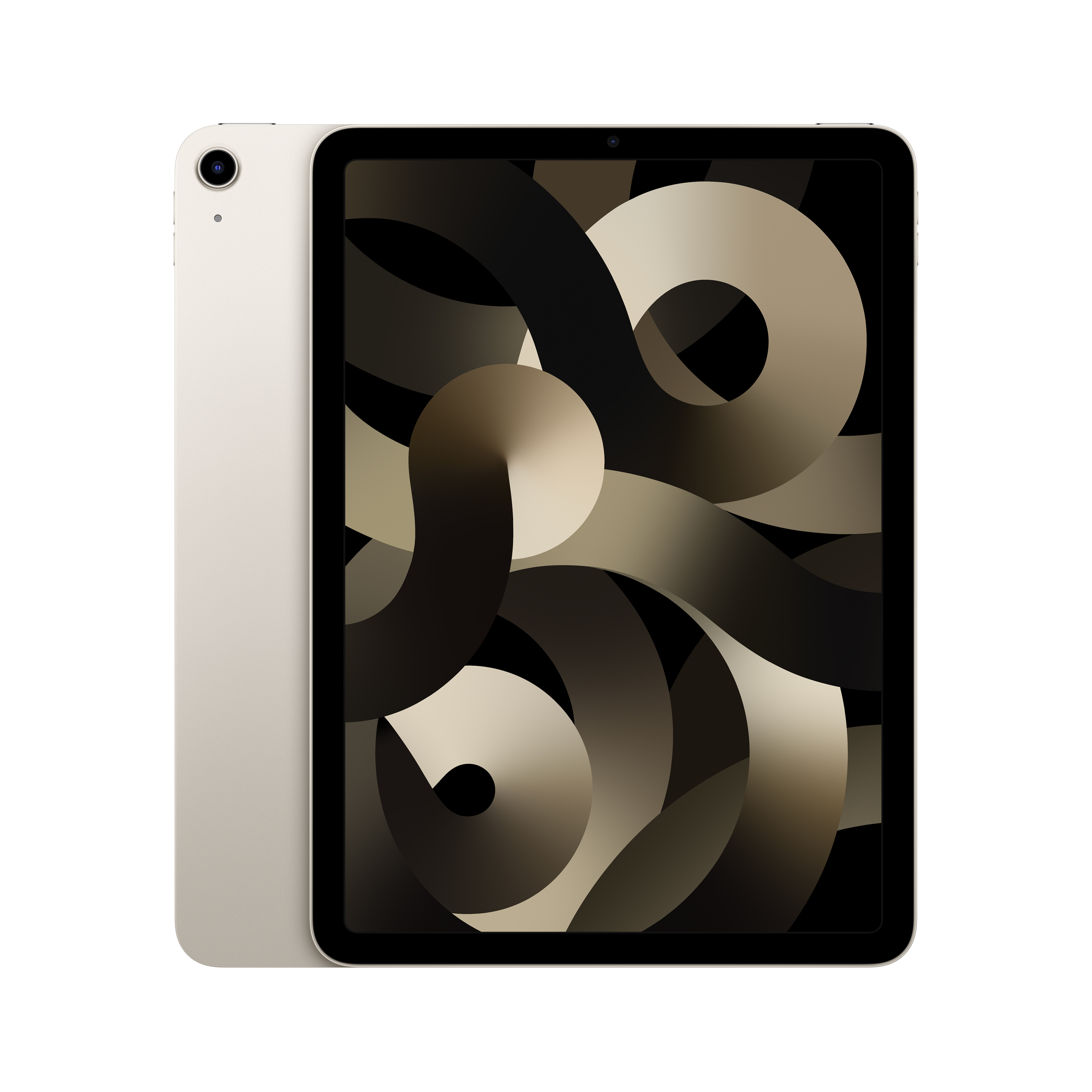Un iPad Air doré clair avec un fond d'écran abstrait. Le dos est à gauche.