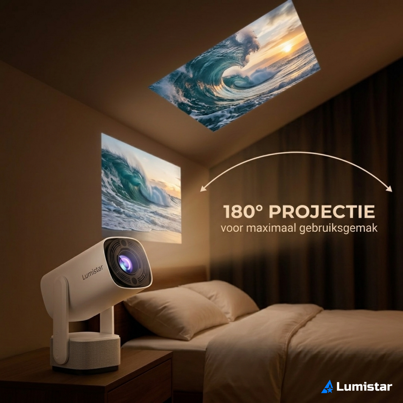 A white projector casts images of waves onto the ceiling and wall of a bedroom.