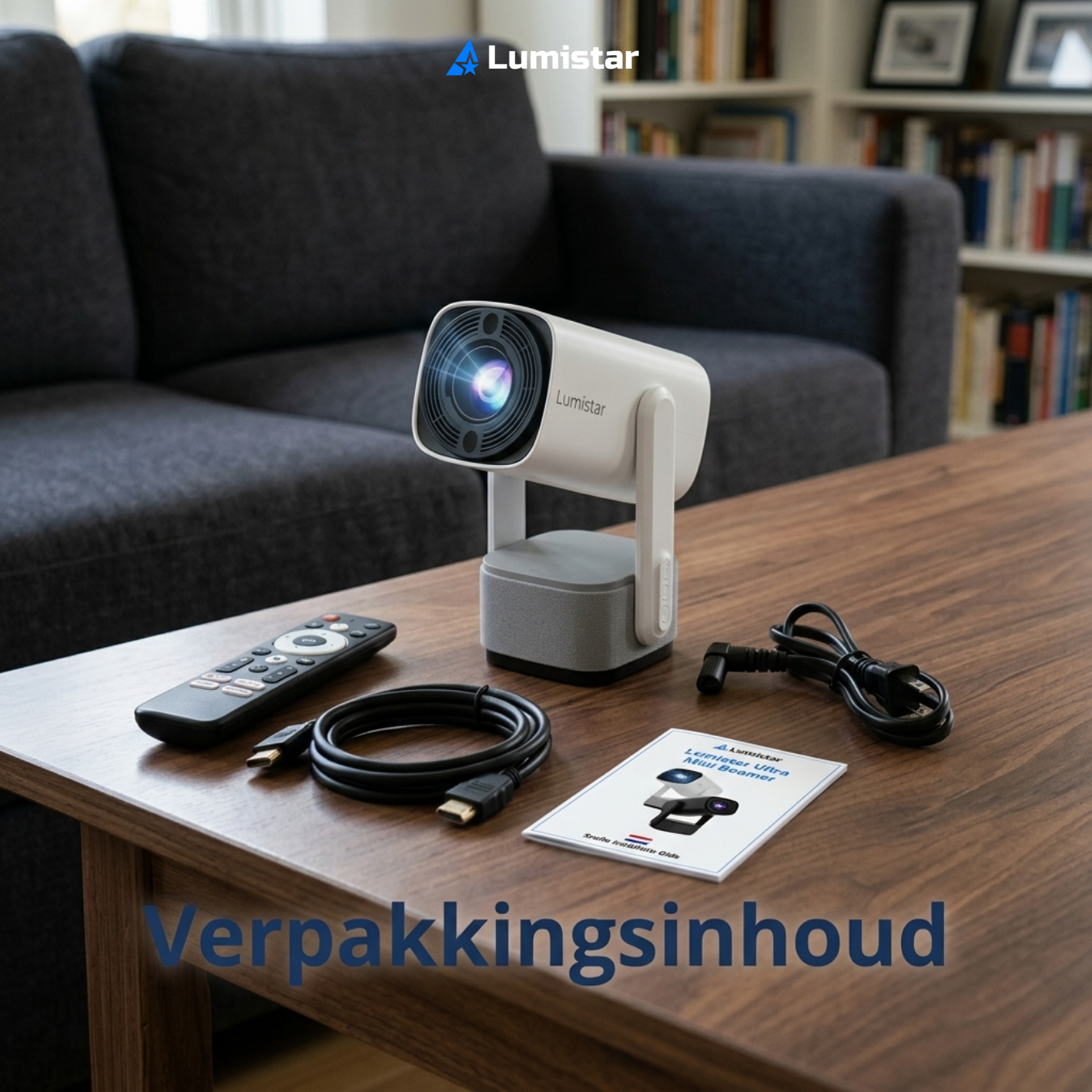 A white mini-beamer sits on a wooden table with a remote, cables, and manual.