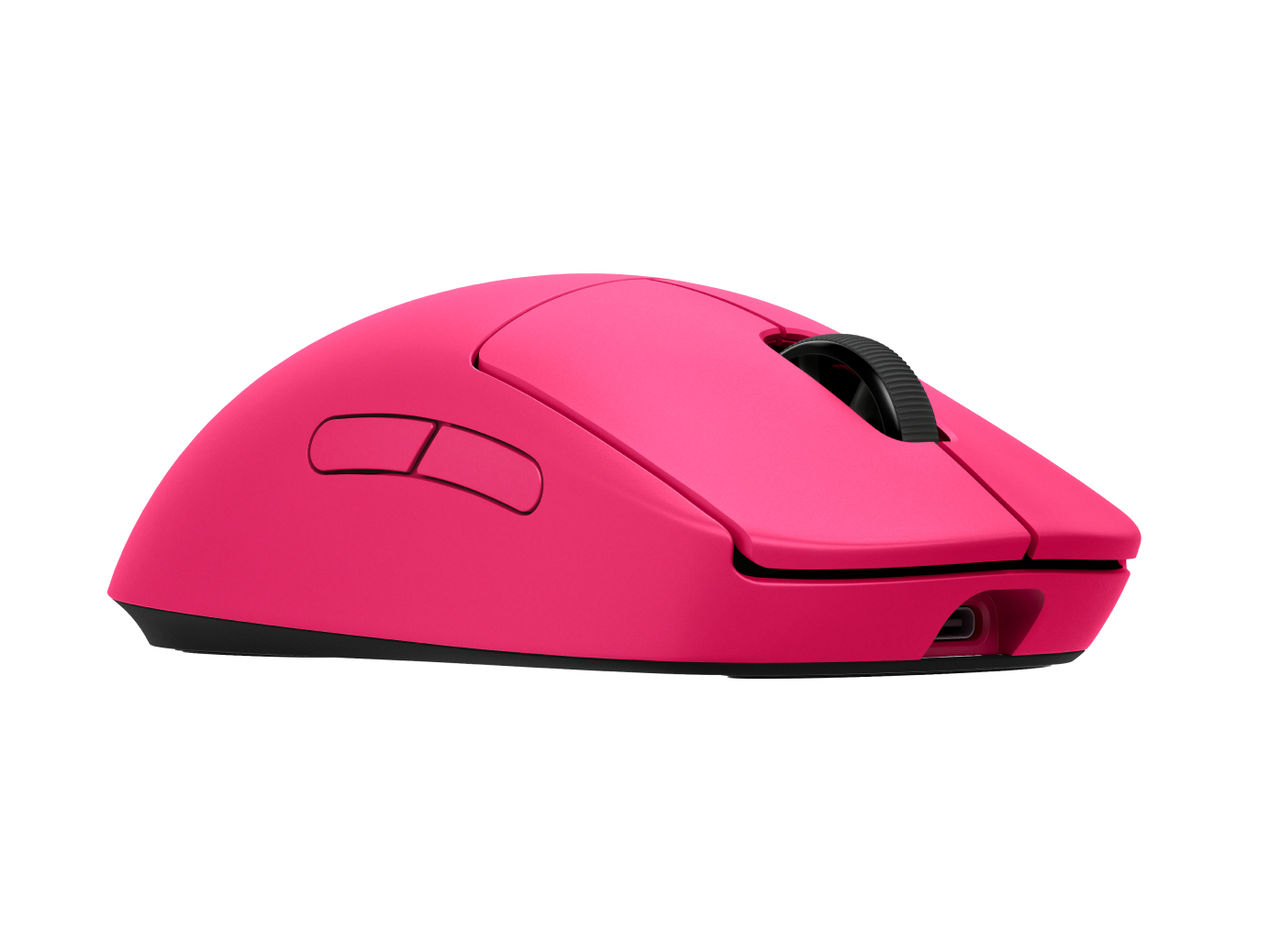 Une souris d'ordinateur rose vif avec une molette noire et deux boutons latéraux.