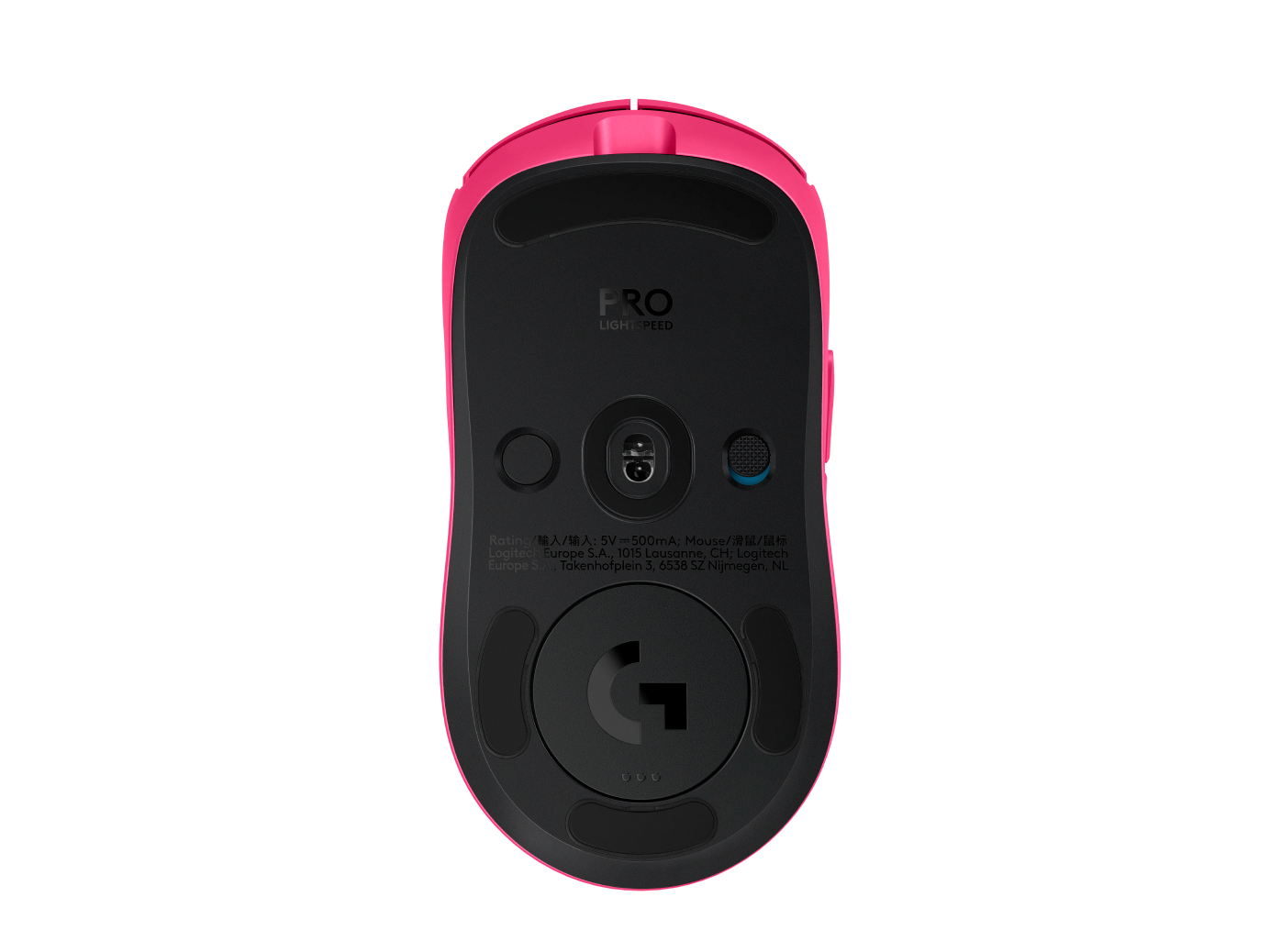 Dessous d'une souris gaming rose avec inscription "PRO LIGHTSPEED".