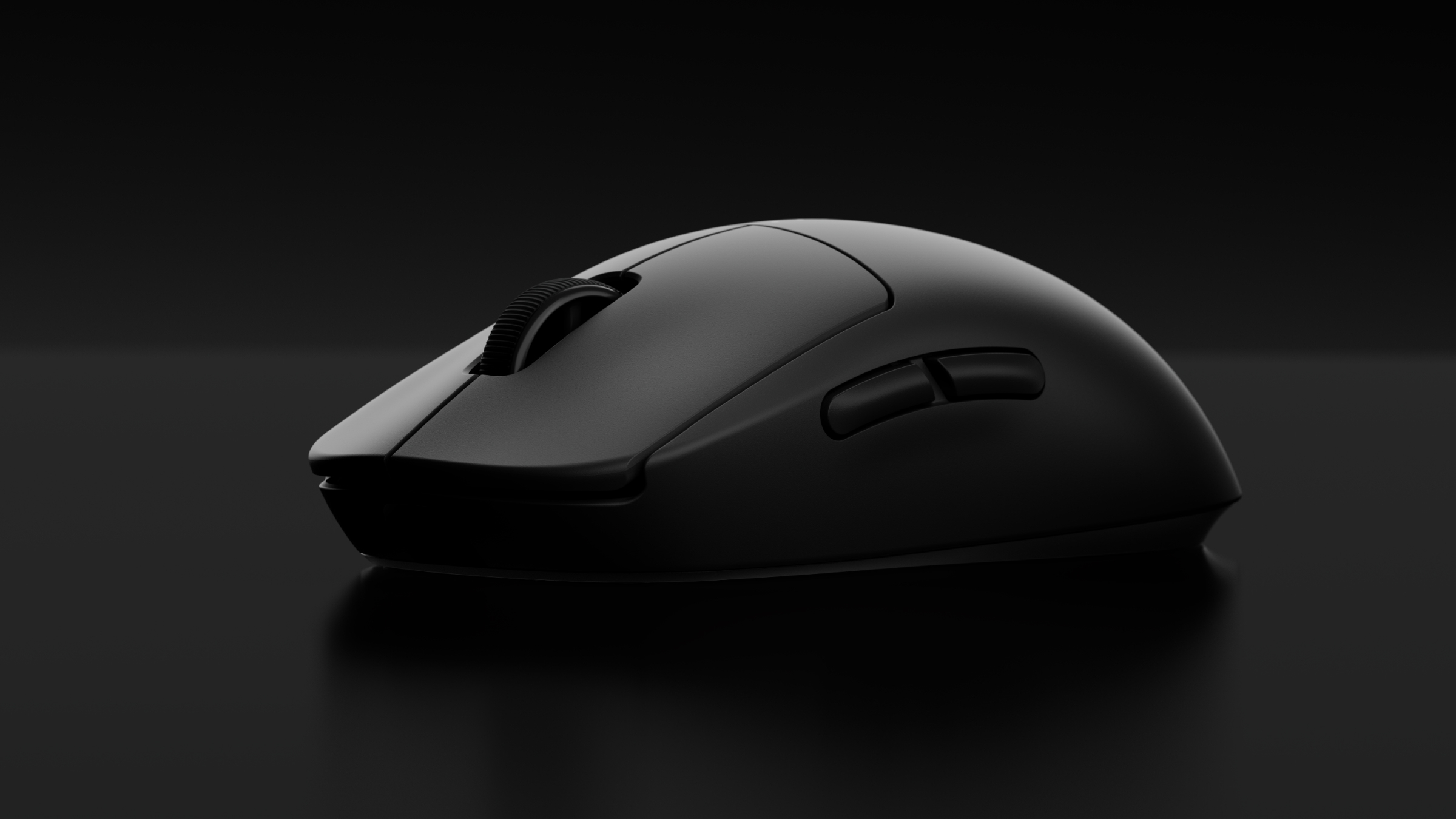 Souris gaming noire avec molette et boutons latéraux sur fond sombre.