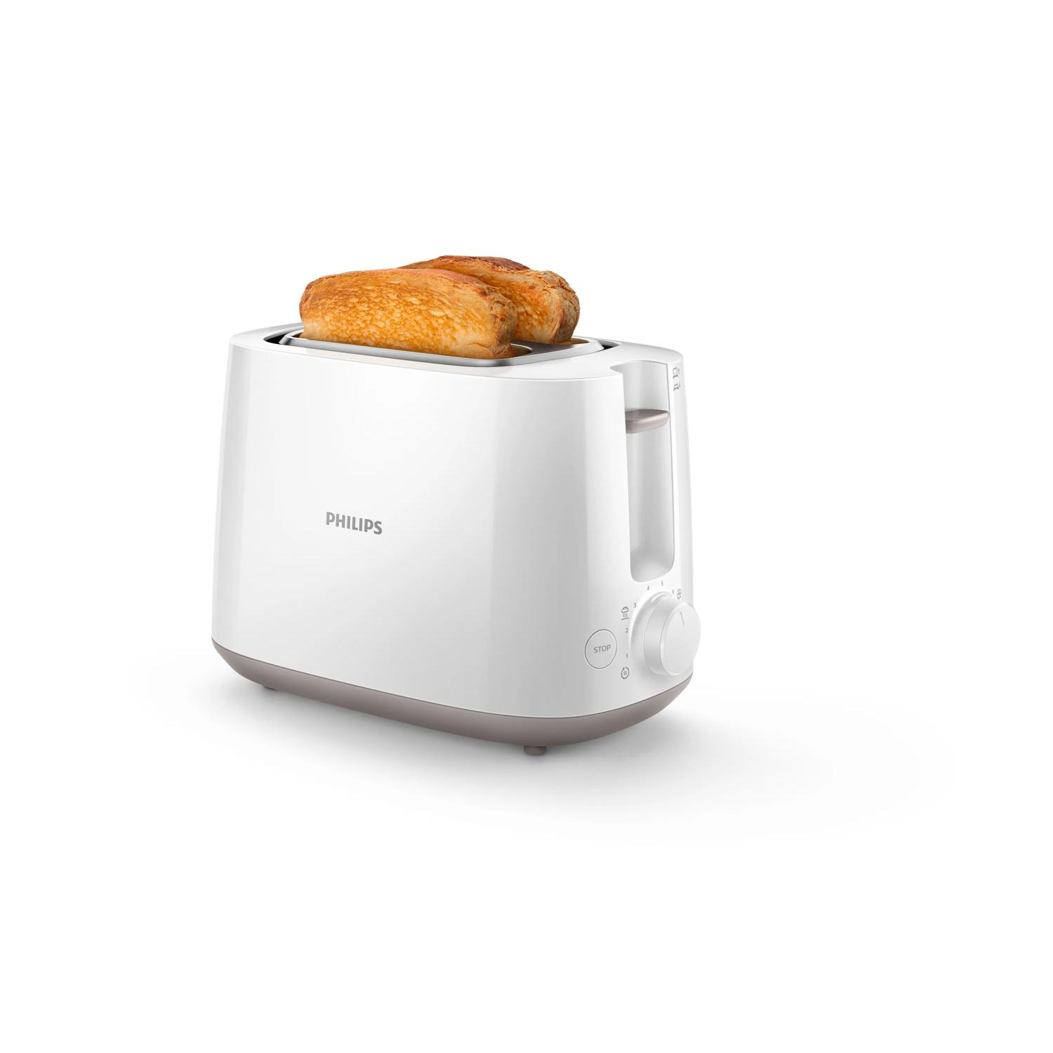Un tostapane Philips bianco con due fette di pane dorate.
