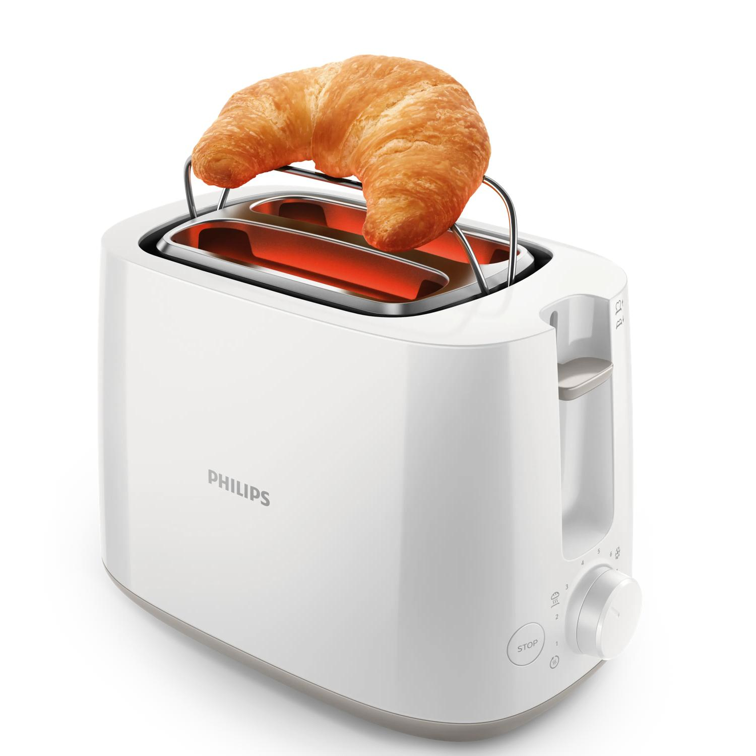 Un tostapane Philips bianco con un croissant sopra, elementi rossi incandescenti all'interno.