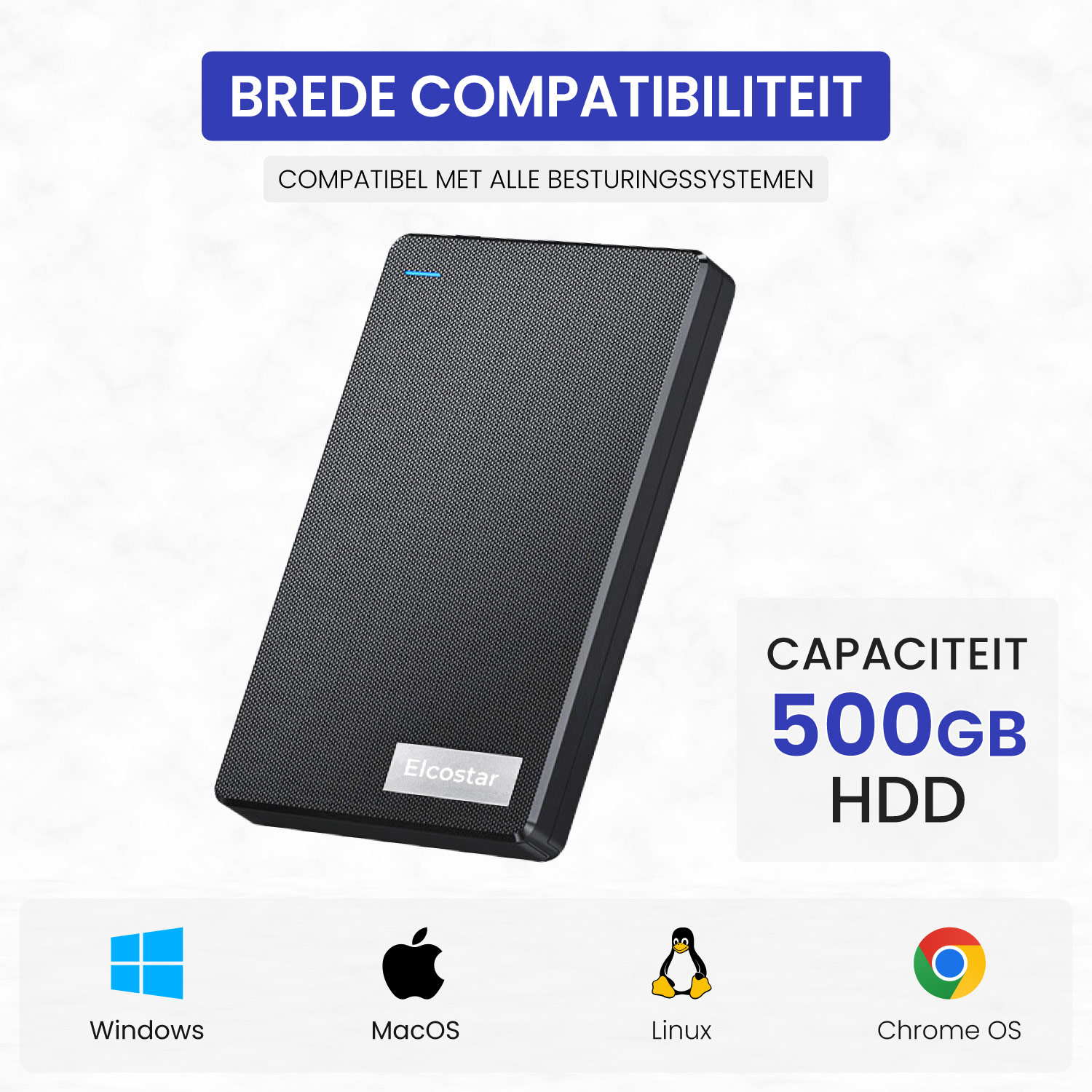Zwarte 500GB Elcostar HDD, compatibel met Windows, macOS, Linux, Chrome OS.