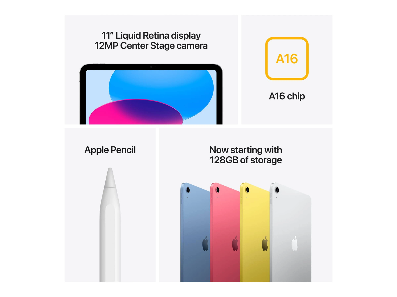 iPad z 11-calowym wyświetlaczem, chipem A16, Apple Pencil i kolorowymi iPadami.