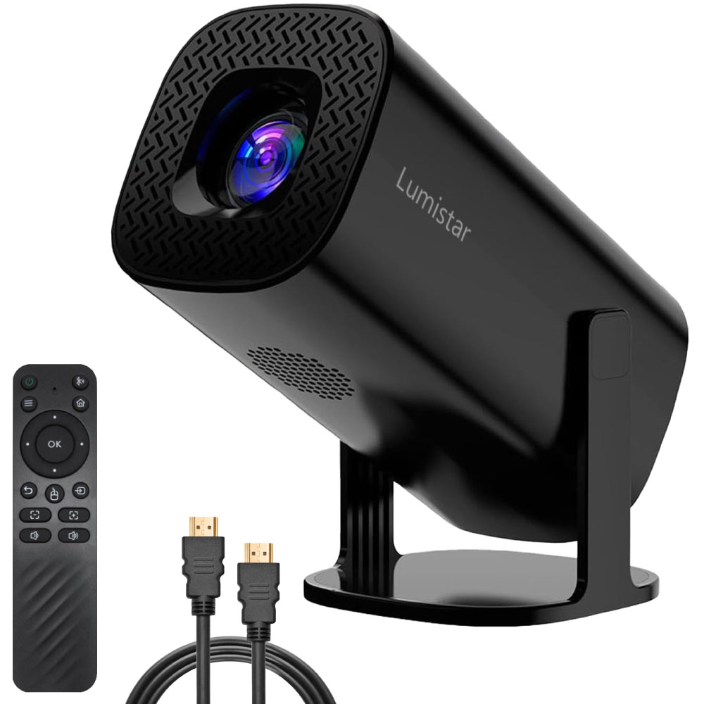Black Lumistar projector on stand with remote and HDMI cables.