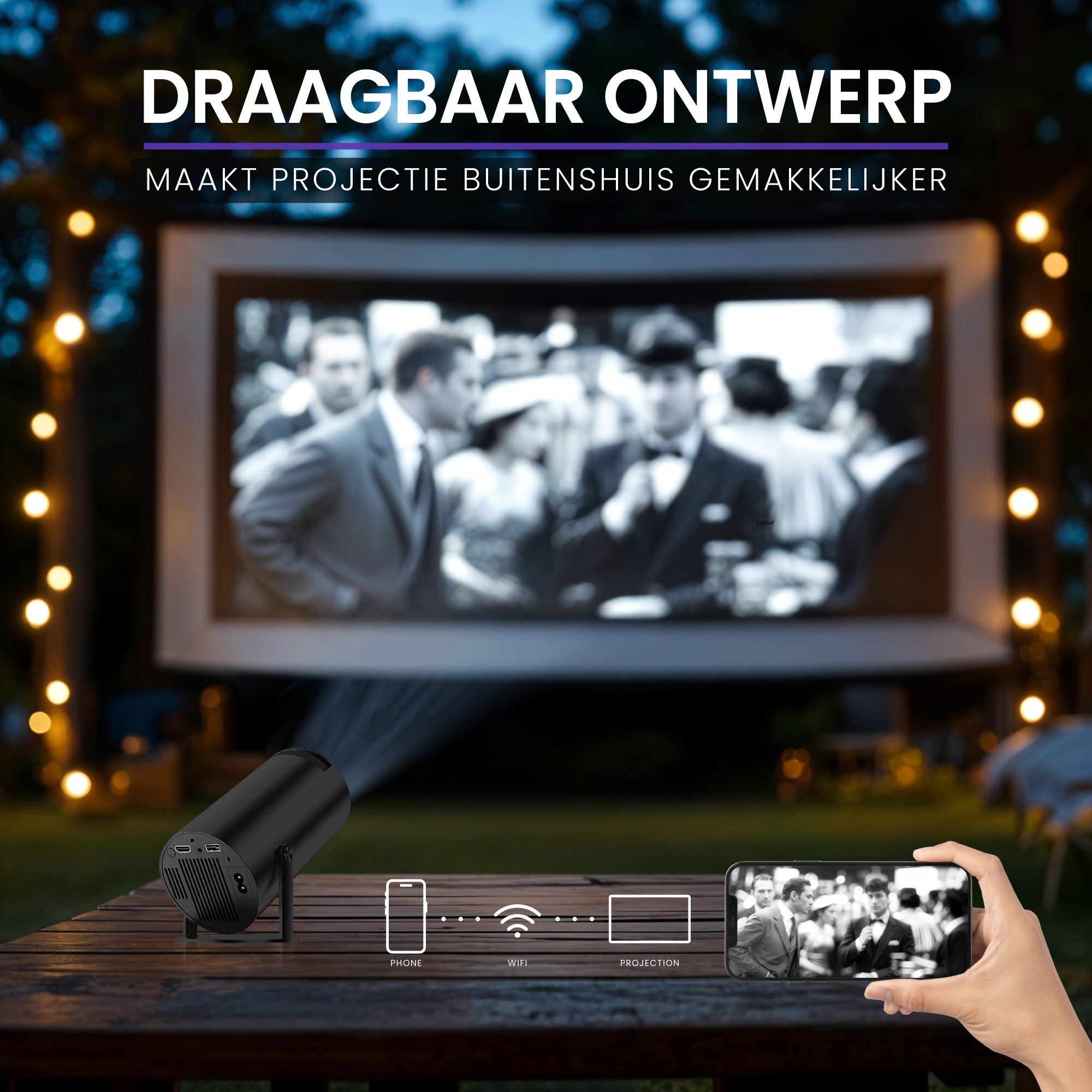 A portable projector casts an image onto an outdoor screen. String lights glow.
