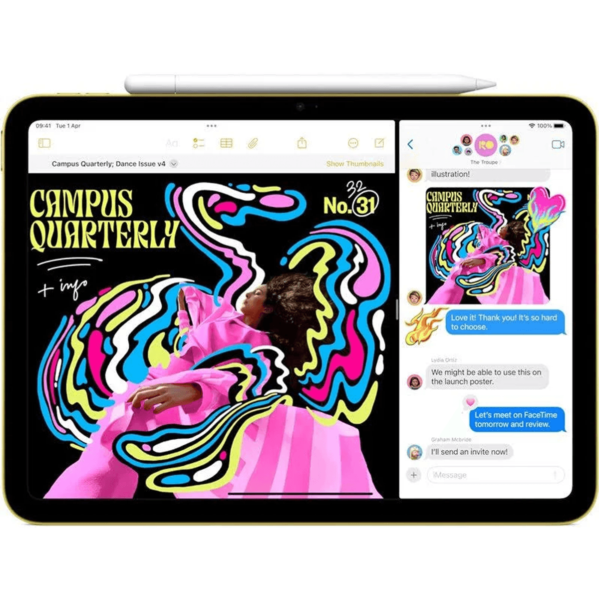 Una tablet amarilla muestra una vista dividida: un póster gráfico colorido a la izquierda, una app de chat a la derecha.