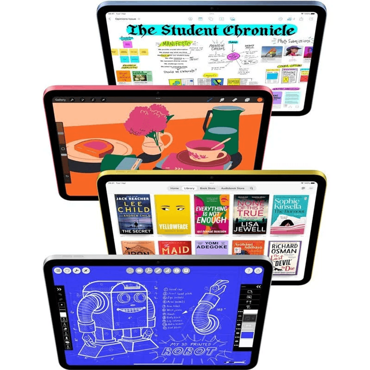 Cuatro tablets muestran contenido diferente: un periódico, una ilustración, portadas de libros y un dibujo de robot.