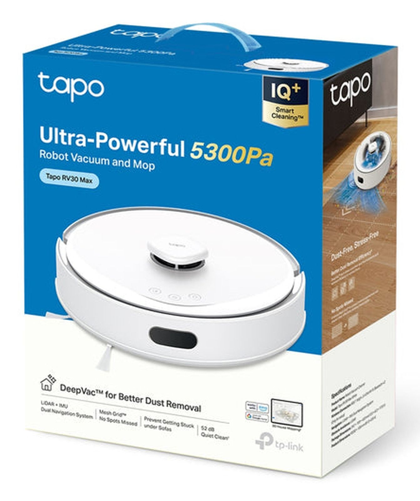 Pudełko białego robota sprzątającego z napisem Tapo Ultra-Powerful 5300Pa