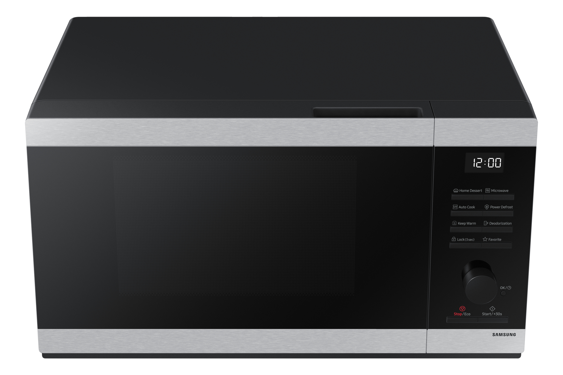 Forno a microonde nero con finiture argentate, display digitale e pulsanti.