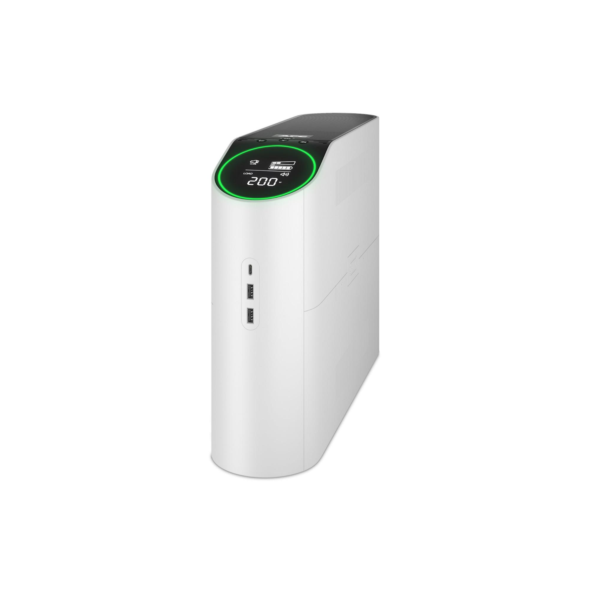 Un UPS bianco con display digitale che mostra 200W.