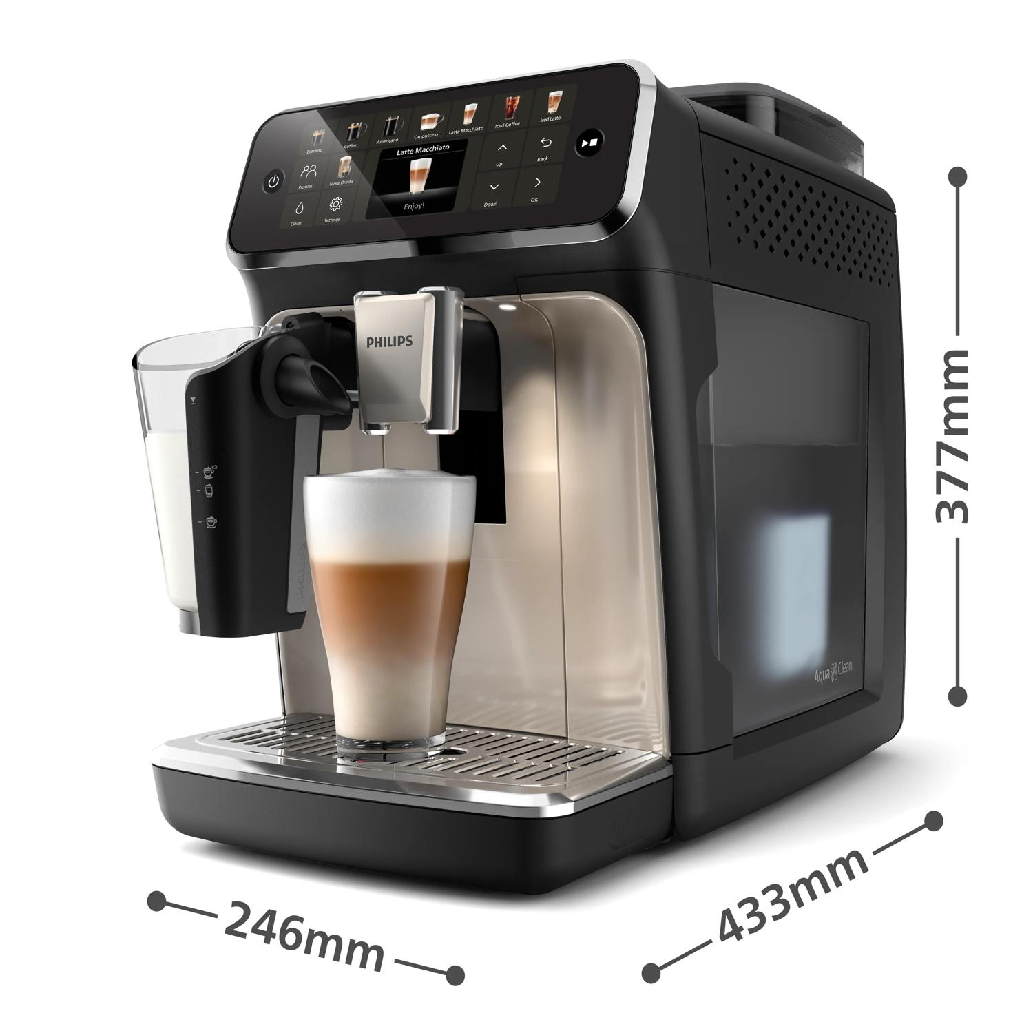 Czarny ekspres do kawy Philips ze szklanką latte macchiato. Wymiary pokazane.