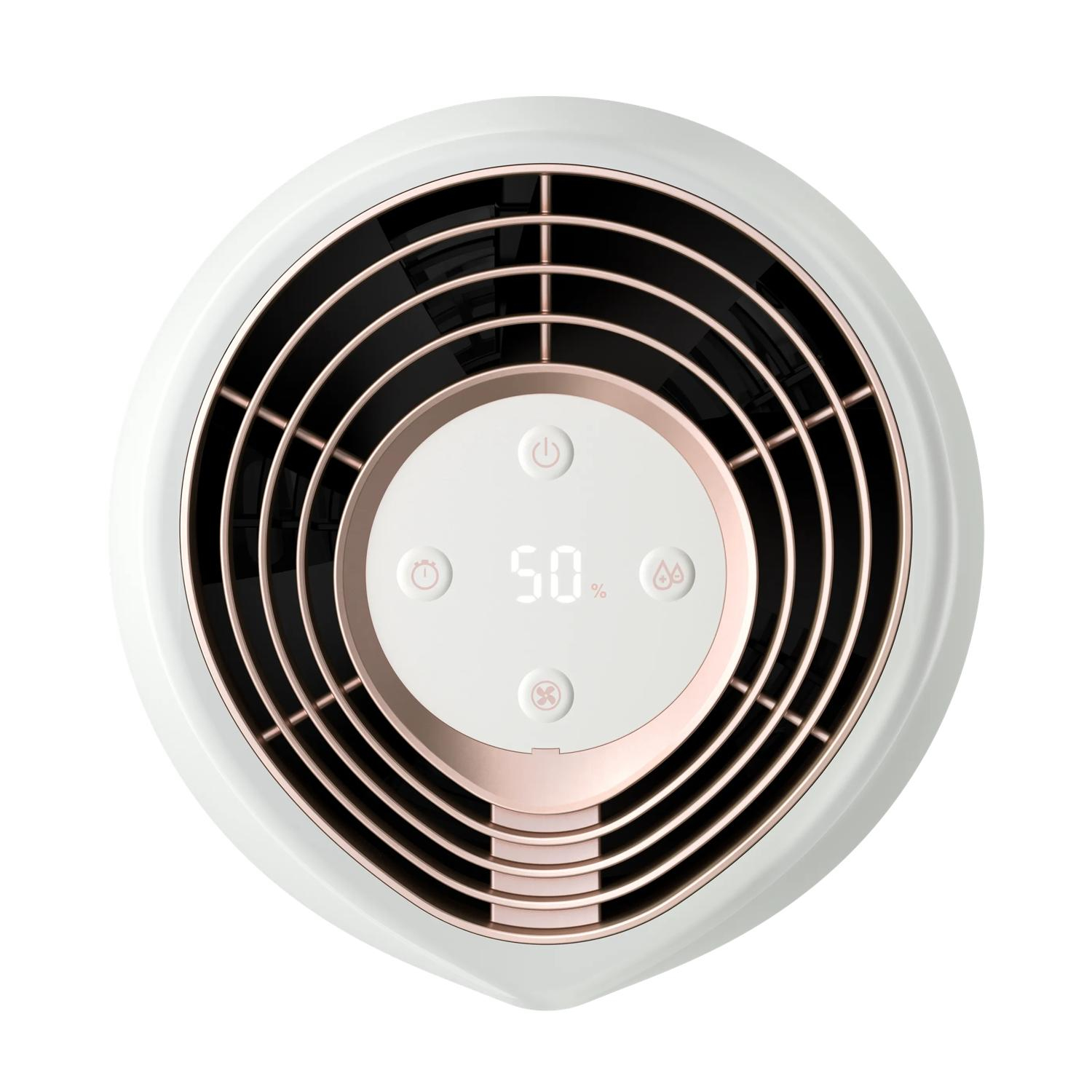 Biały wentylator z pierścieniem w kolorze różowego złota i cyfrowym wyświetlaczem 50%.