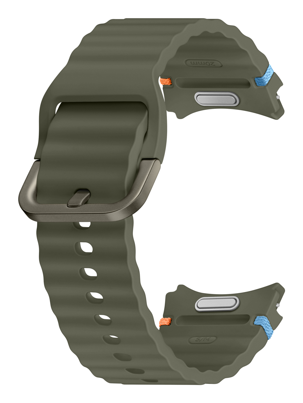 Un cinturino per orologio verde scuro a coste con fibbia in metallo e accenti blu/arancio.