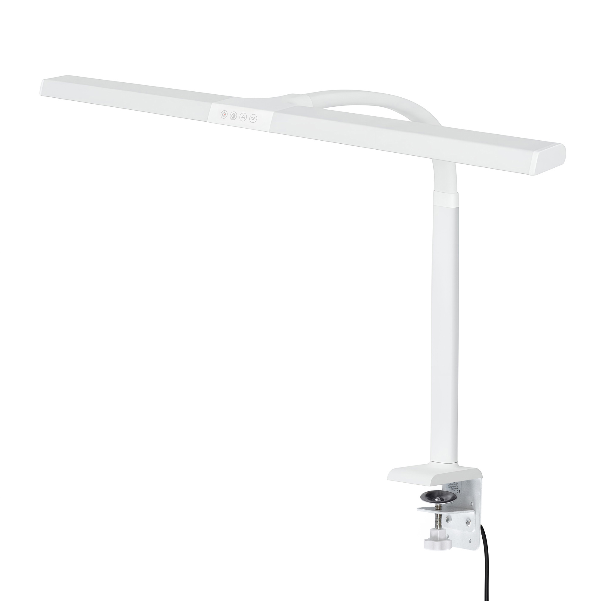Lampada bianca a morsetto con barra LED, braccio regolabile e pulsanti di controllo.