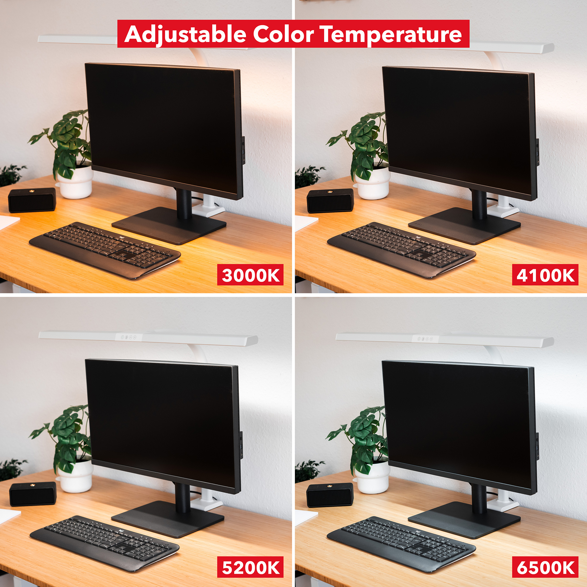 Quattro immagini mostrano una scrivania con monitor, tastiera e pianta a diverse temperature di colore.