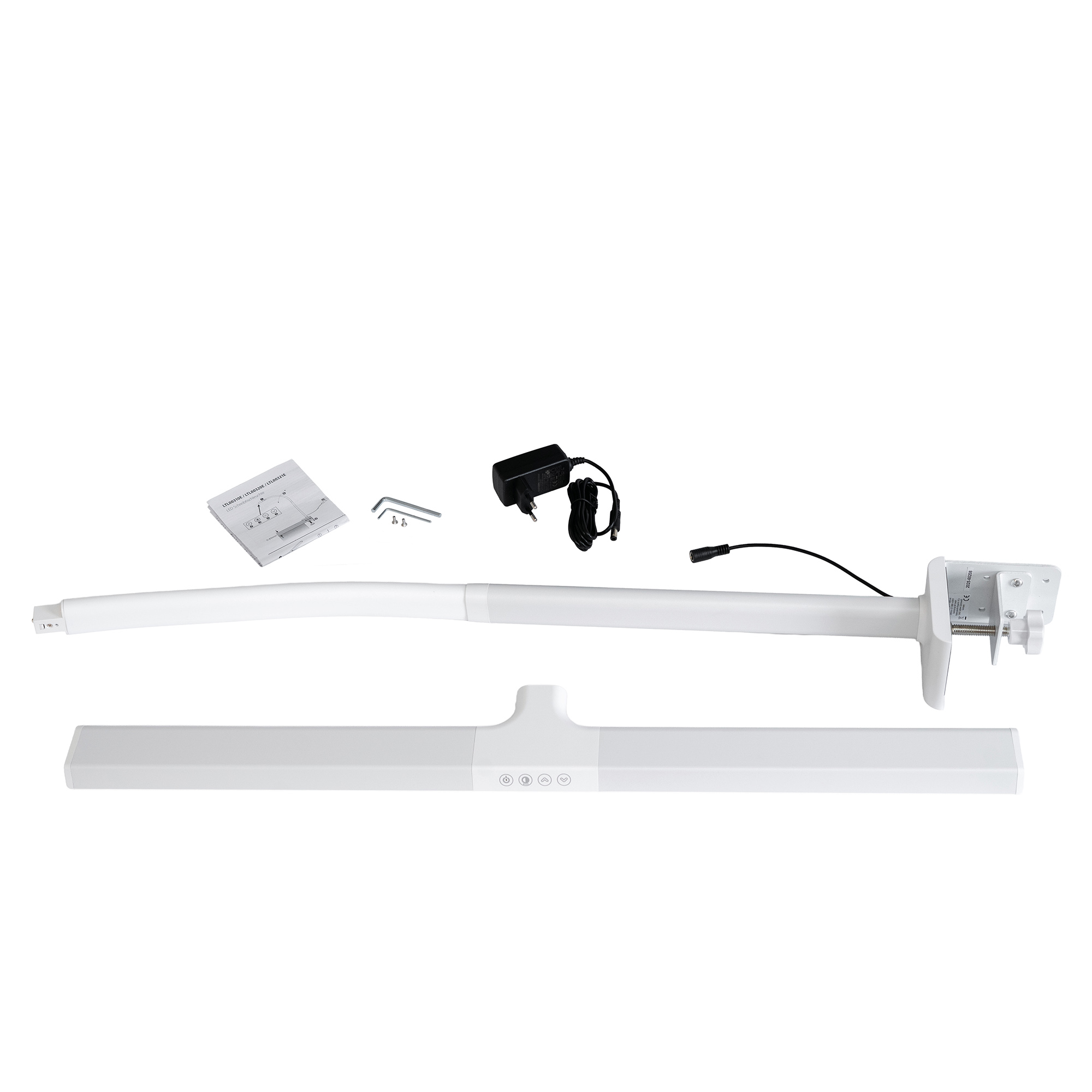 Weiße Lampe, Netzteil, Kabel, Schrauben und Anleitung auf weißem Hintergrund.