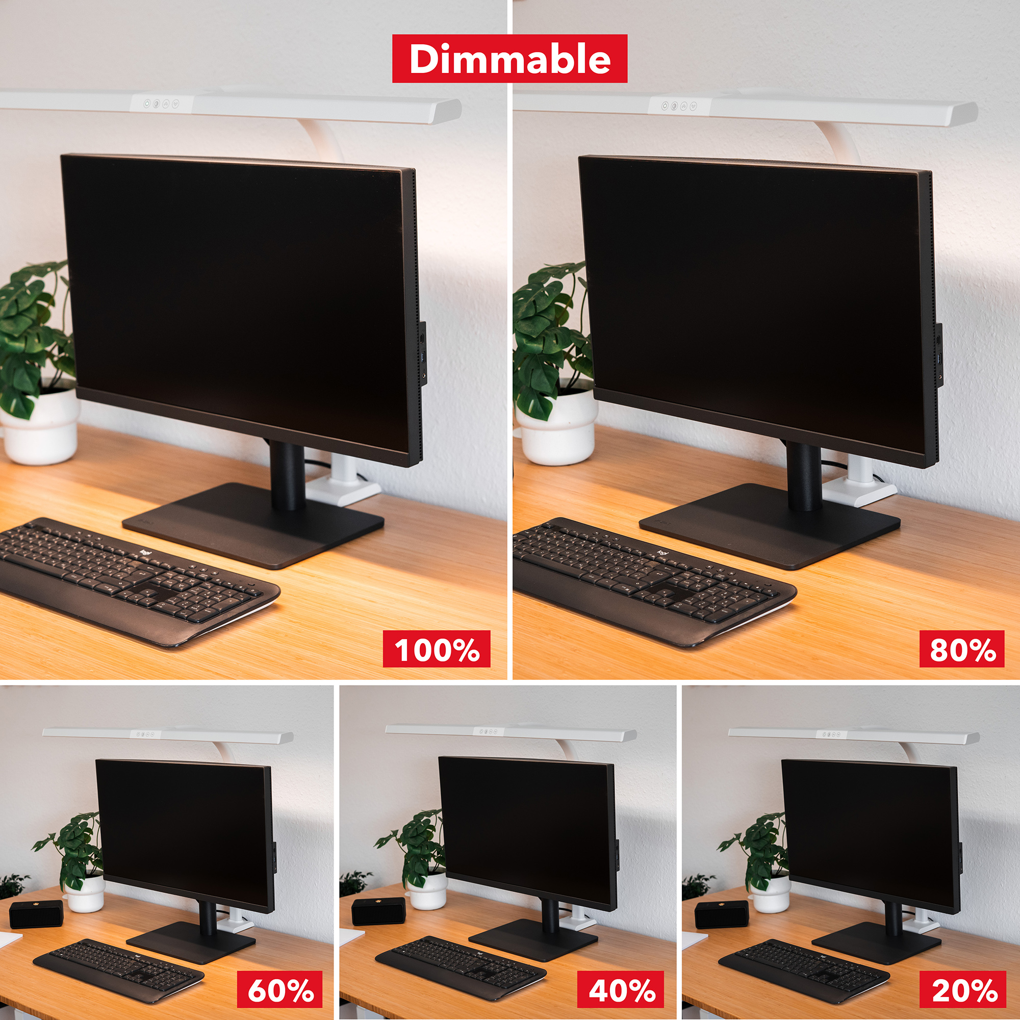 Scrivania con monitor, tastiera e lampada a vari livelli di luminosità.