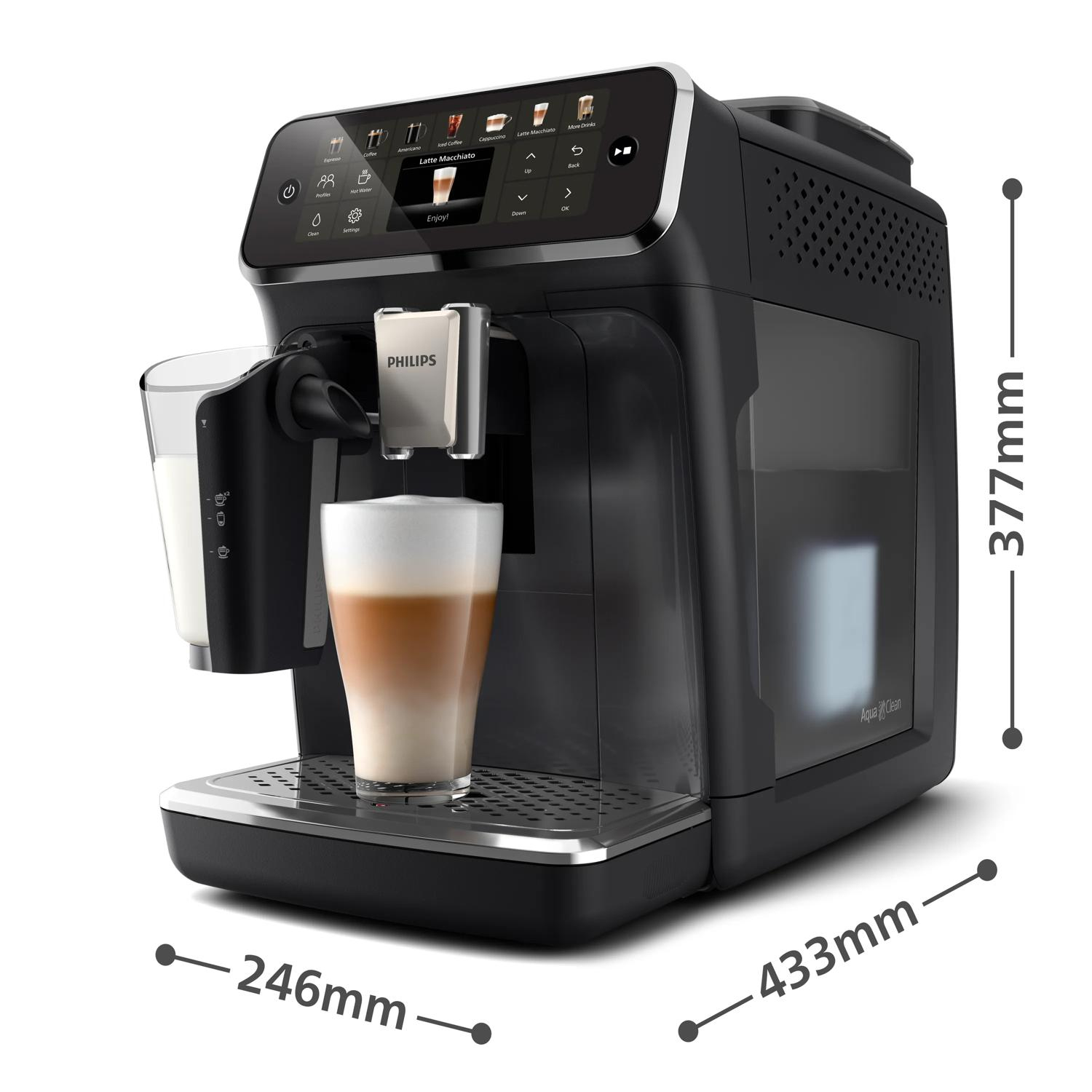 Czarny ekspres do kawy parzy latte macchiato do szklanki, podano wymiary.