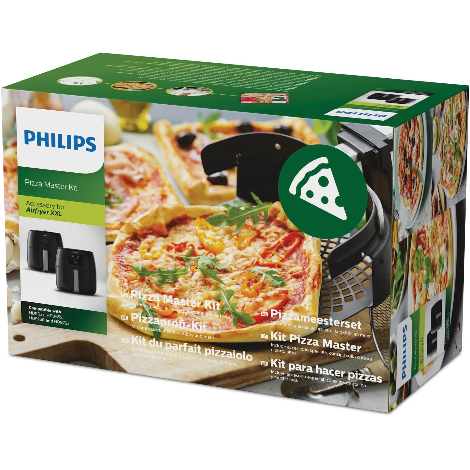 Scatola Philips Pizza Master Kit per Airfryer XXL, con pizze.
