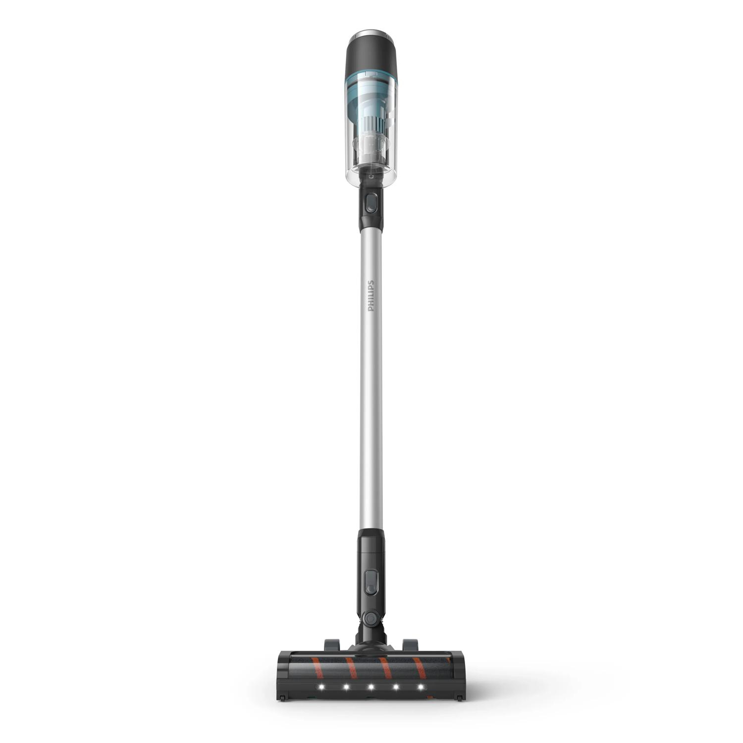 Un aspirapolvere senza fili Philips di design nero e argento su sfondo bianco.