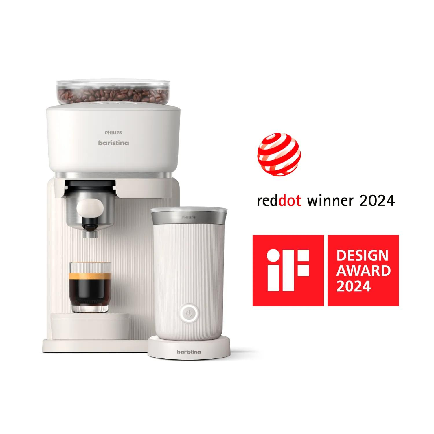 Weiße Kaffeemaschine mit Glas, Bohnenbehälter und Auszeichnungen.