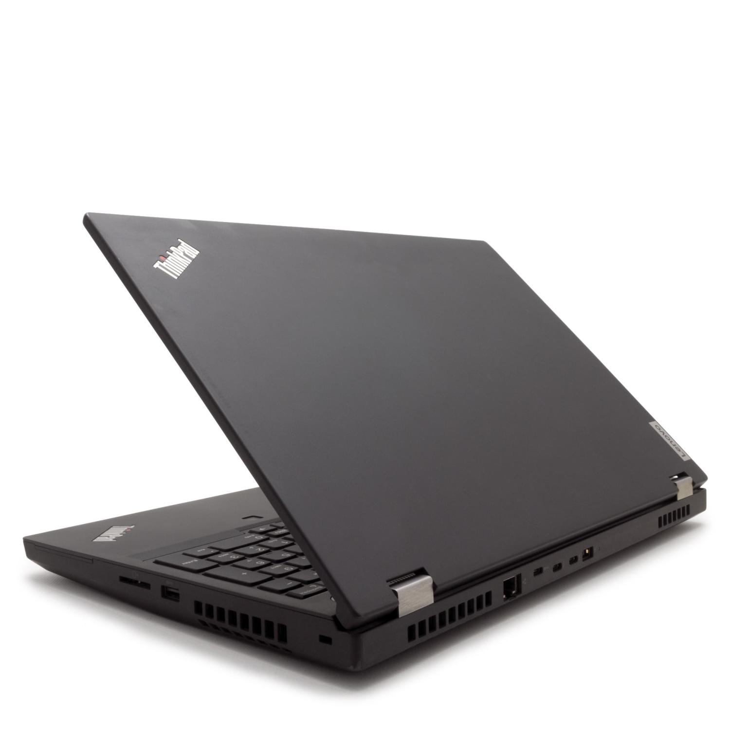 Ein schwarzer Lenovo ThinkPad Laptop mit geöffnetem Deckel, auf weißem Hintergrund.