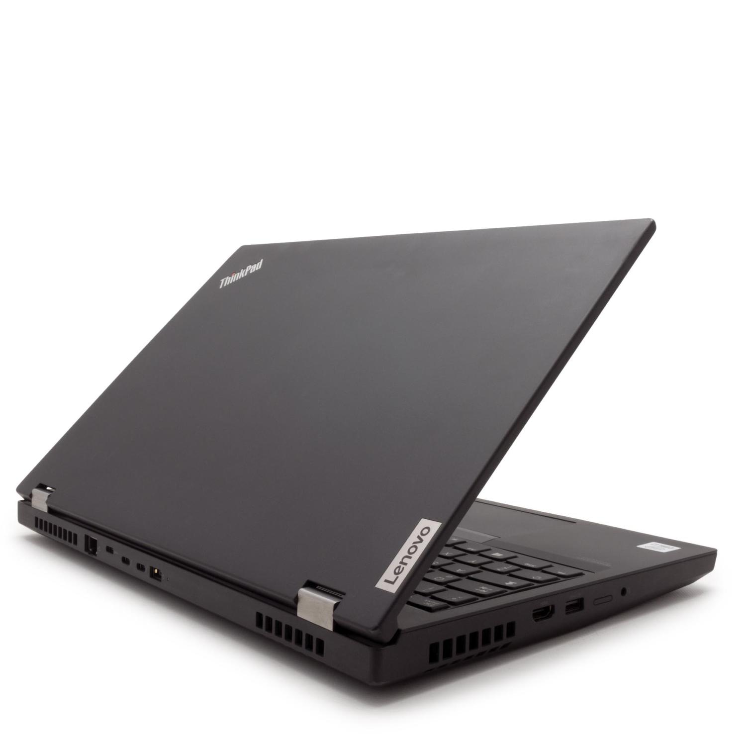 Ein schwarzer Lenovo ThinkPad Laptop, teilweise geöffnet, mit Tastatur und Anschlüssen.