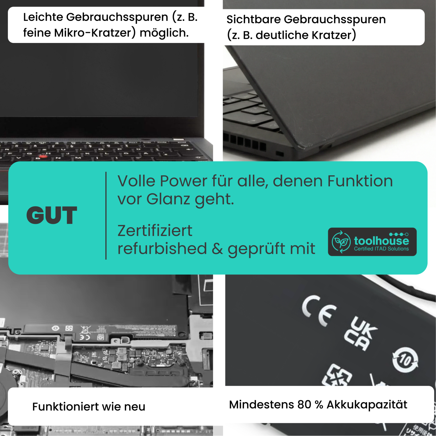 Laptop mit Gebrauchsspuren, innen und außen, und Akku-Kapazität.