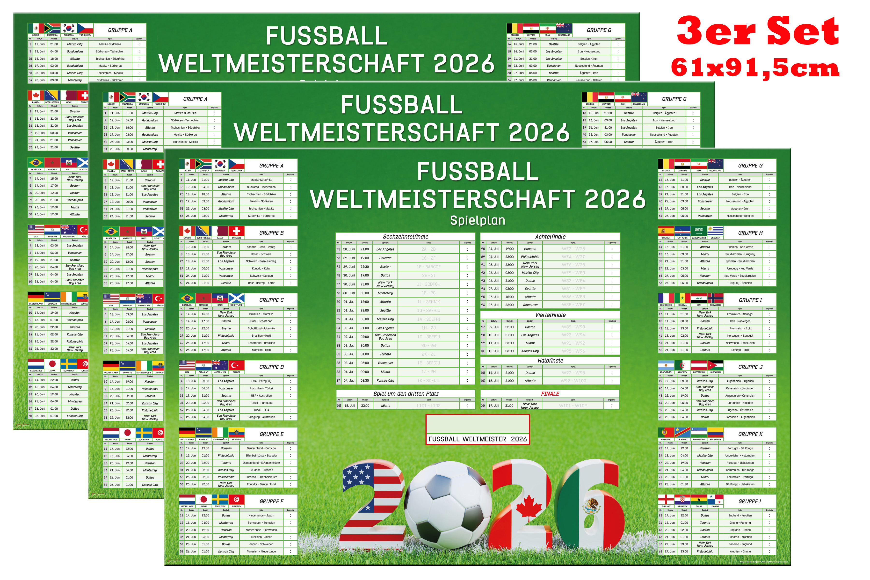 Spielplan der Fußball-Weltmeisterschaft 2026 mit Gruppen, Stadien und Terminen.