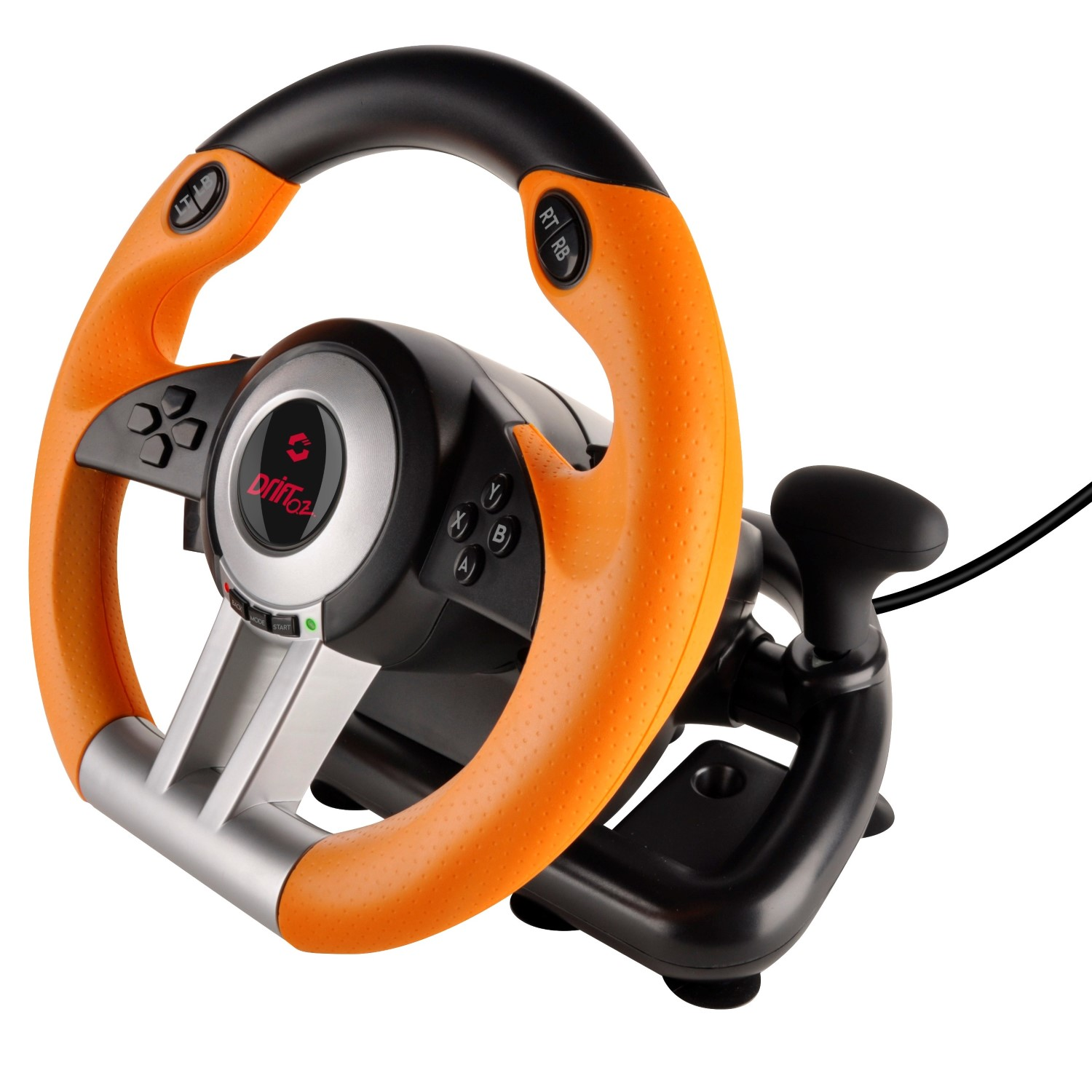 Volante da gioco da corsa arancione e nero con paddle shifter e pulsanti.