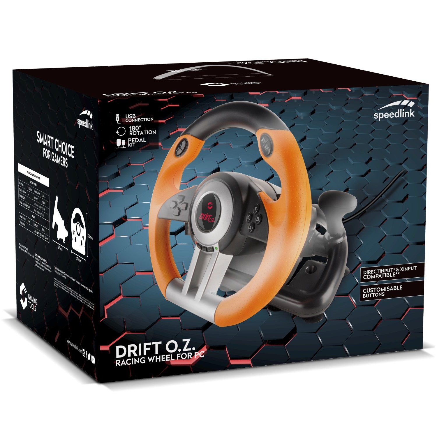 Volante gaming Speedlink DRIFT O.Z. per PC in scatola, arancione e nero.