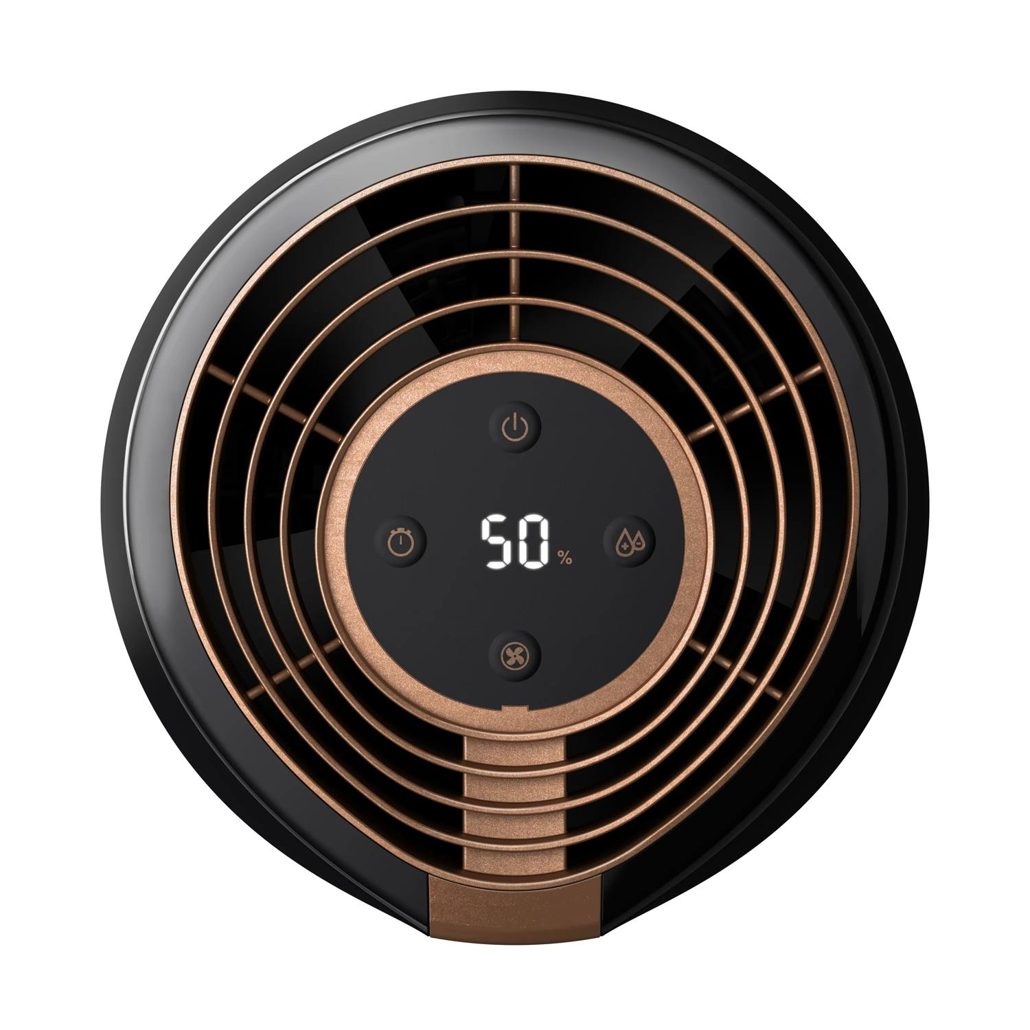 Ventilatore nero con accenti color rame e display digitale che mostra il 50%.