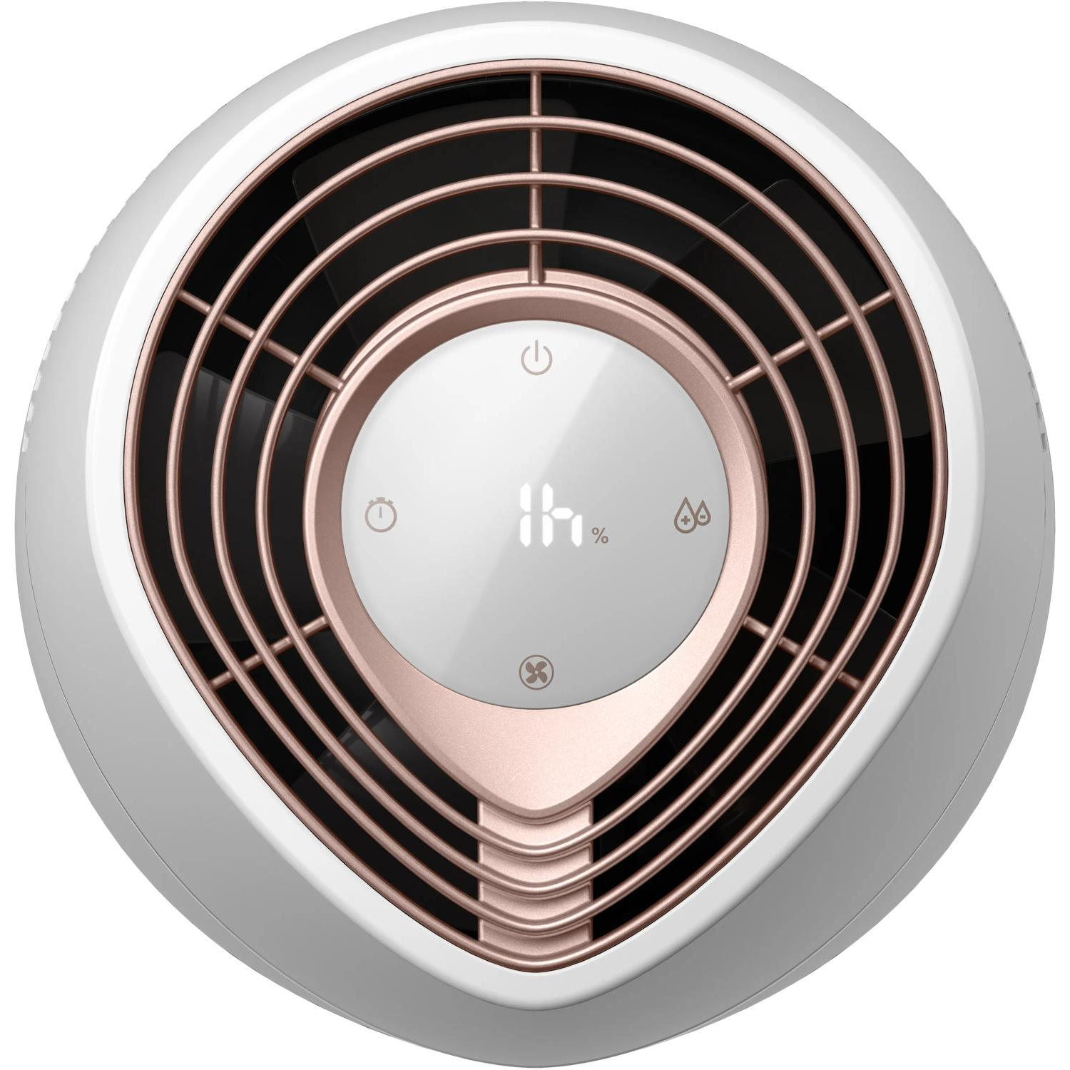Un purificatore d'aria bianco e oro rosa con display digitale che mostra 1h %.