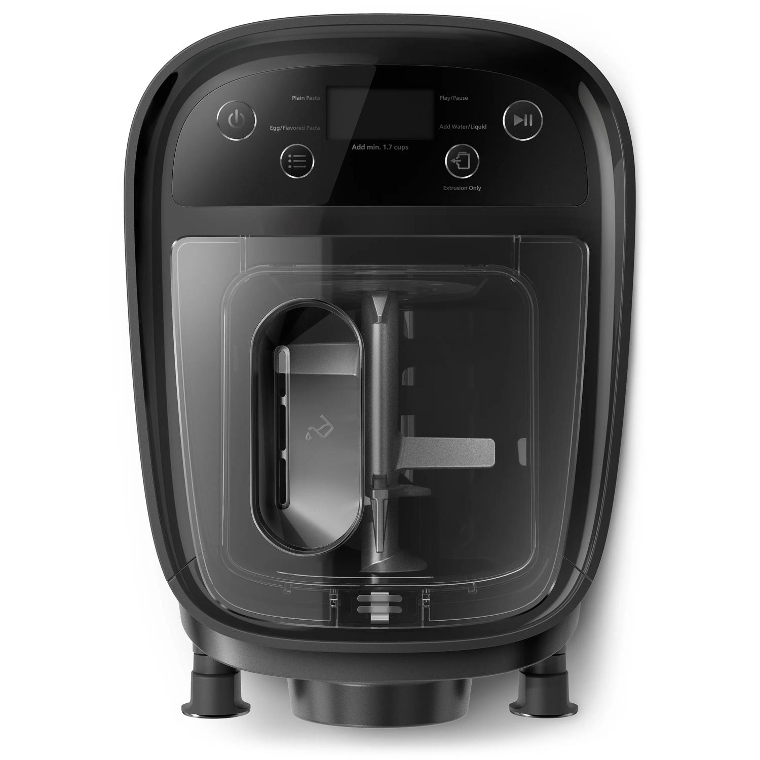 Schwarze Nudelmaschine mit transparenter Abdeckung, Digitalanzeige und Funktionstasten.