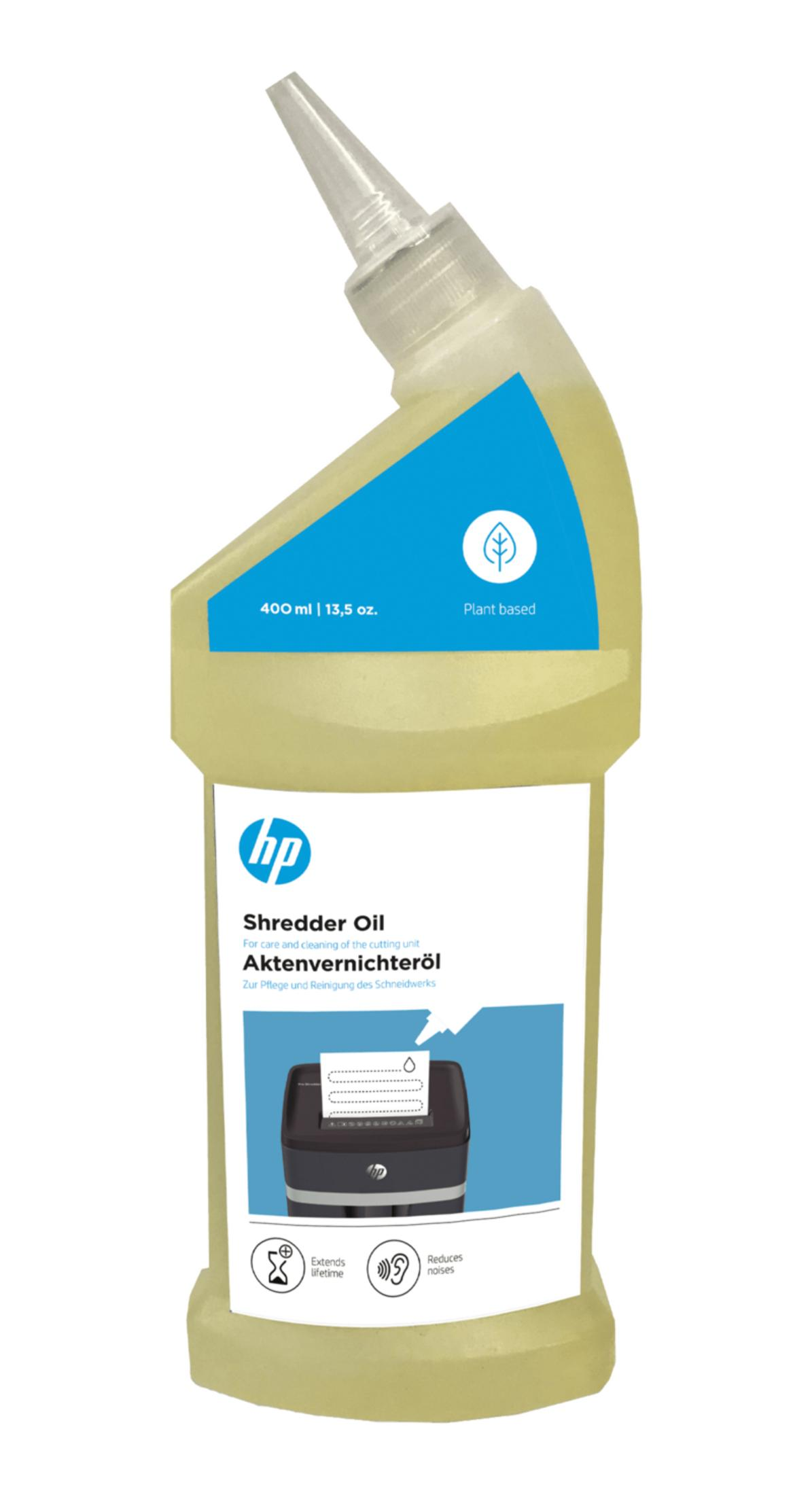 Flacone di olio per distruggidocumenti HP, 400ml, con punta applicatore.