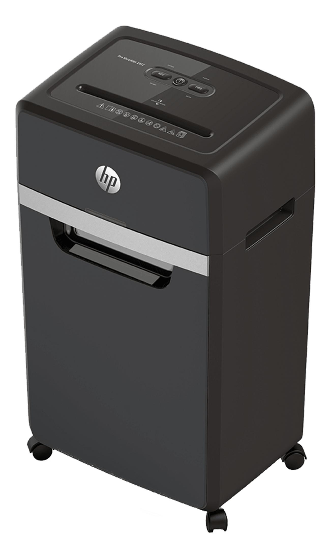 Un distruggi documenti HP scuro su ruote con striscia argentata e maniglia.