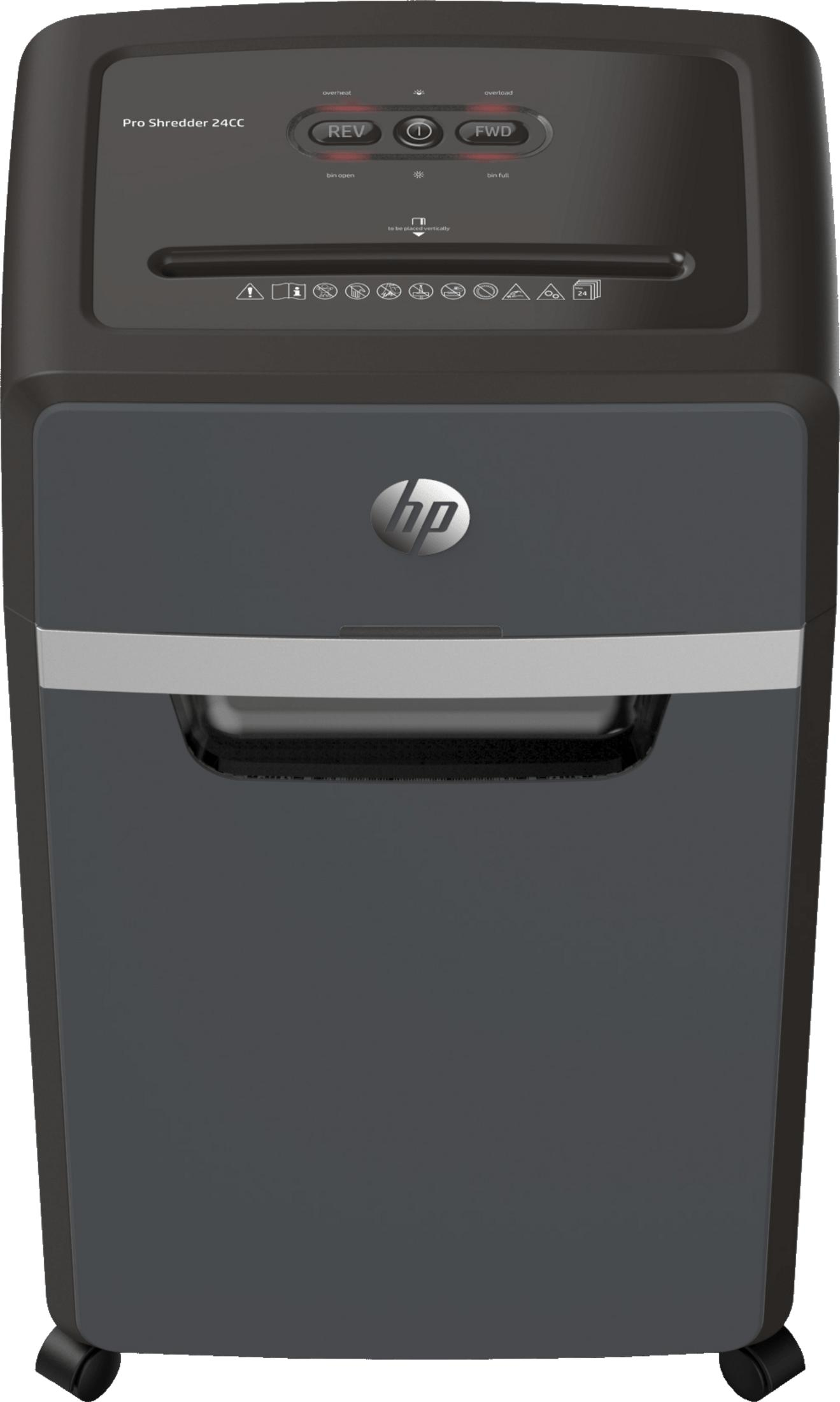 Un distruggidocumenti HP nero con controlli e finestra di ispezione.