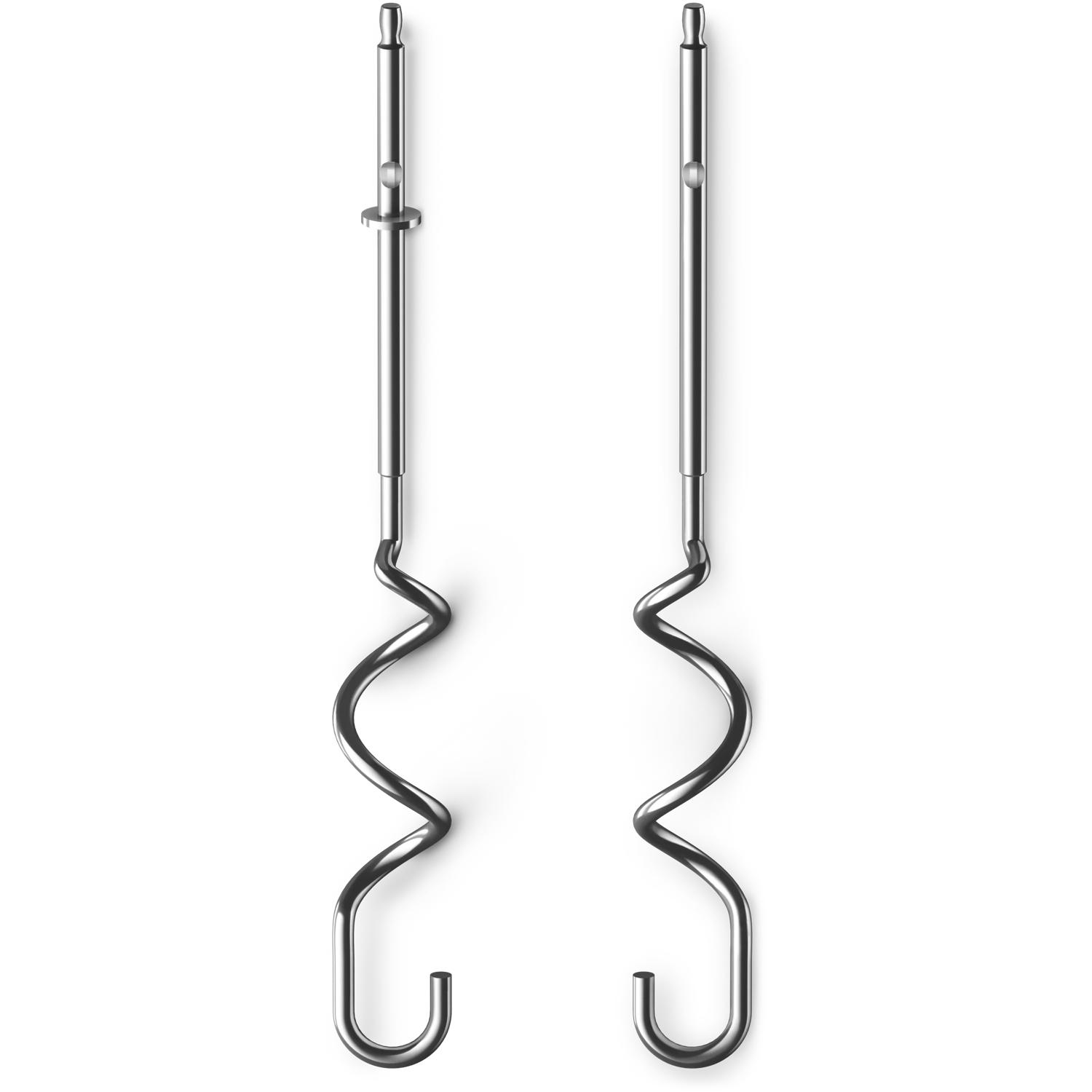 Two silver mixer beaters with spiral elements, on a white background.