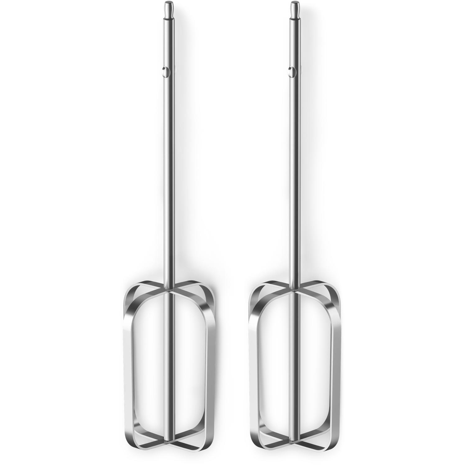 Two metal beaters for a hand mixer, isolated on a white background.