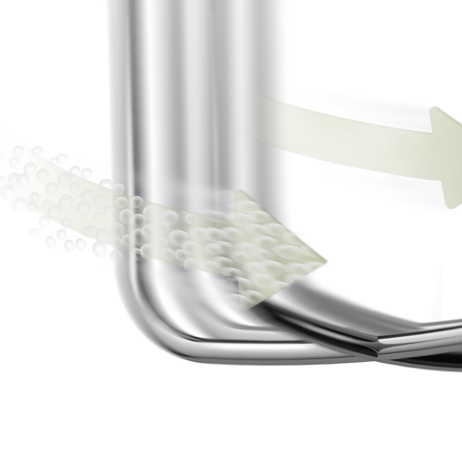 Silver tubes with white arrows indicating fluid movement.